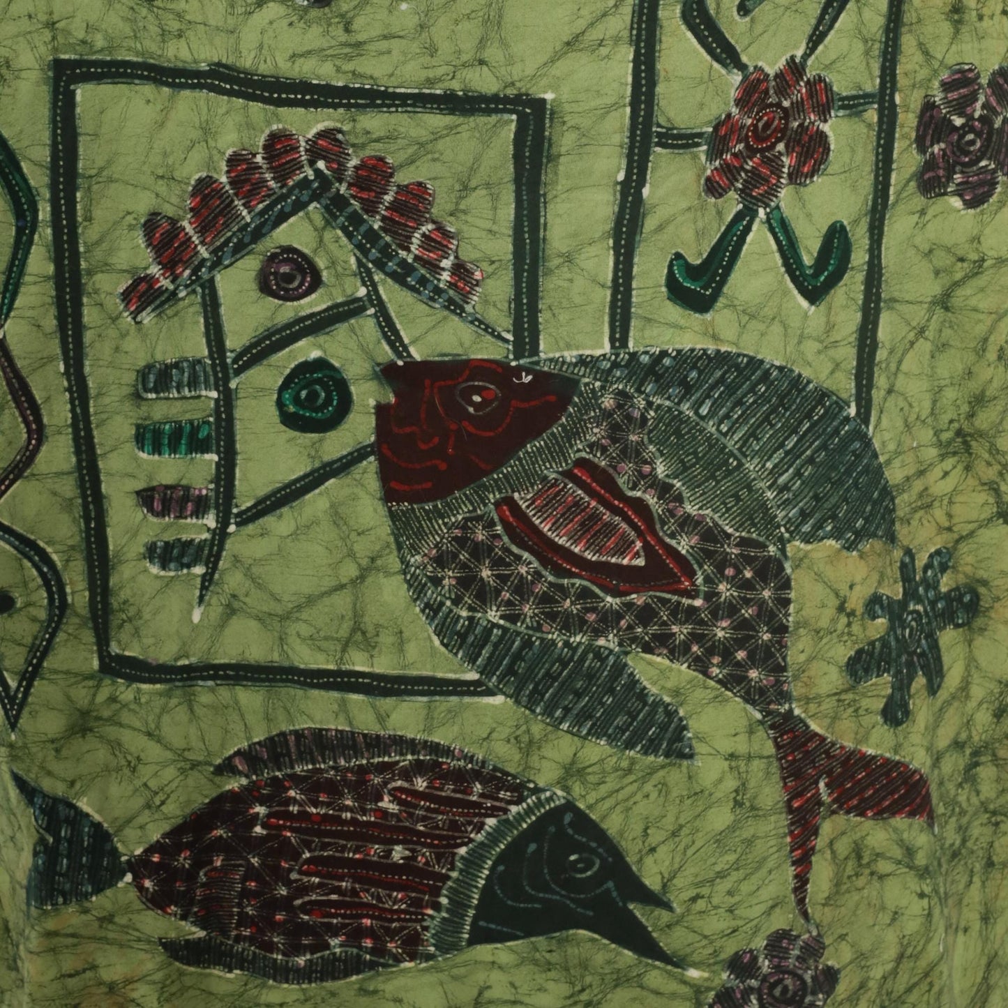 Y2K Batik Fish Graphic T-Shirt Green Floral Crewneck Medium Large