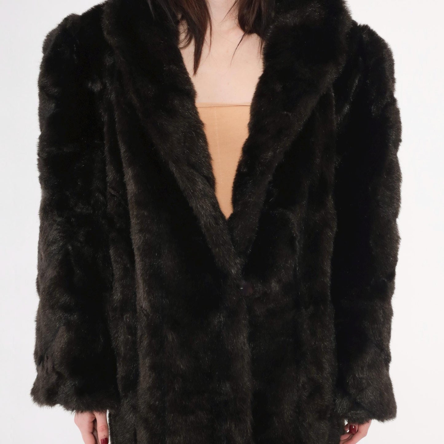 70s Dark Brown Faux Fur Coat Single Button Vintage Seventies Large L