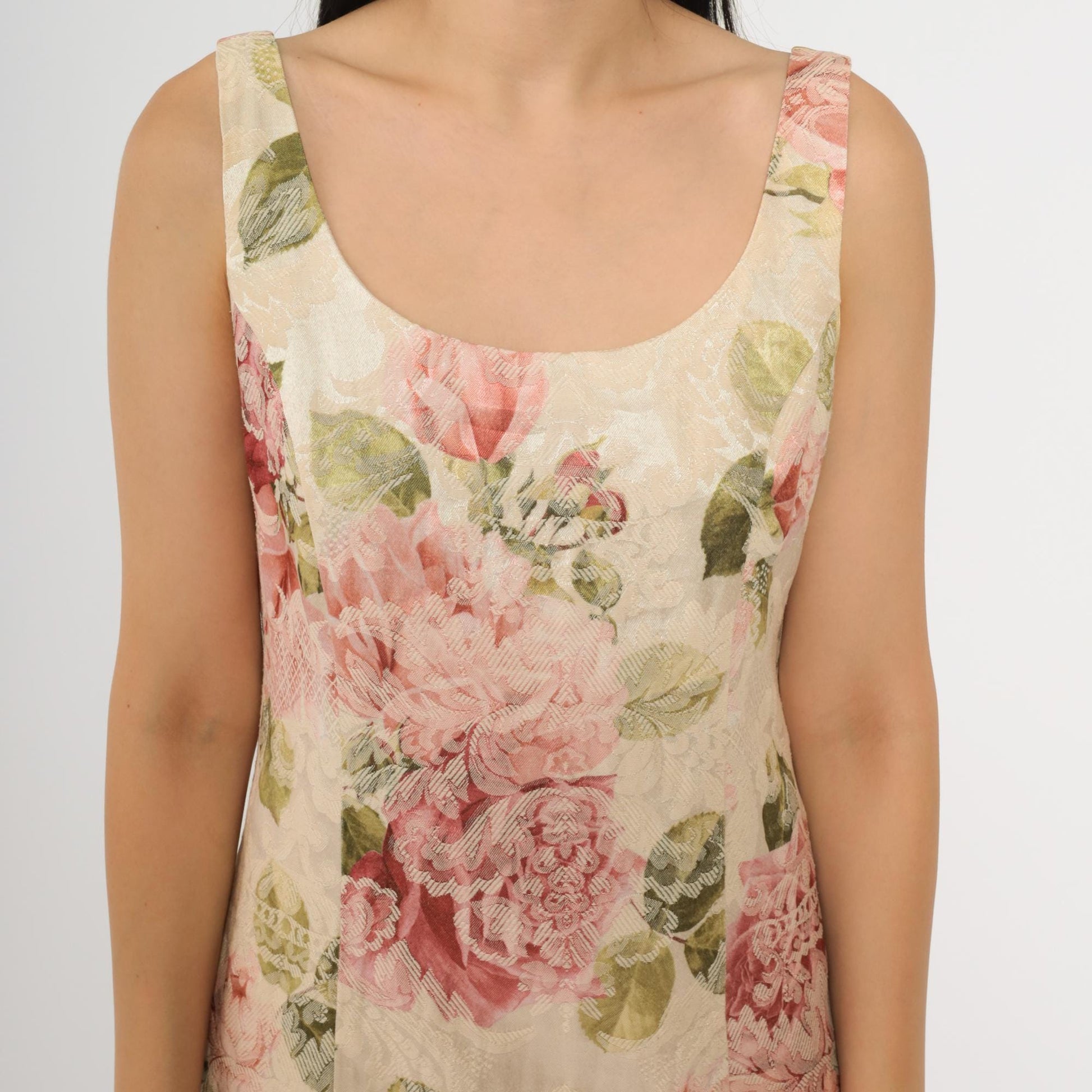 90s Newport News Floral Jacquard Sheath Dress Cream Pink Mini Small