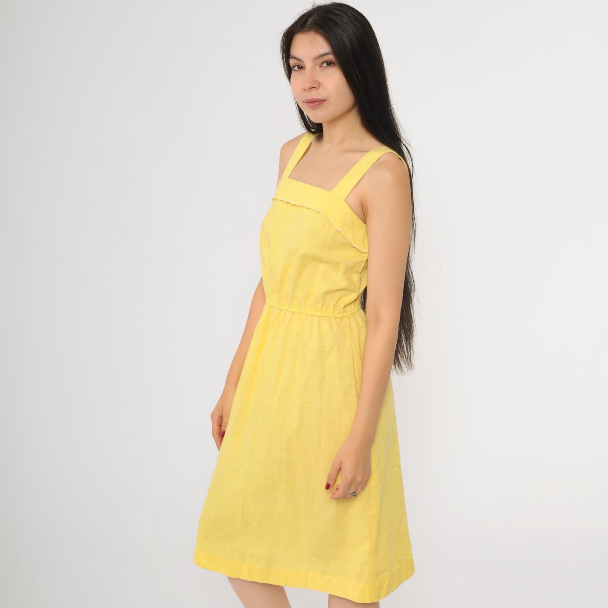 80s Yellow Sleeveless Midi Dress High Waist Square Neck Small S