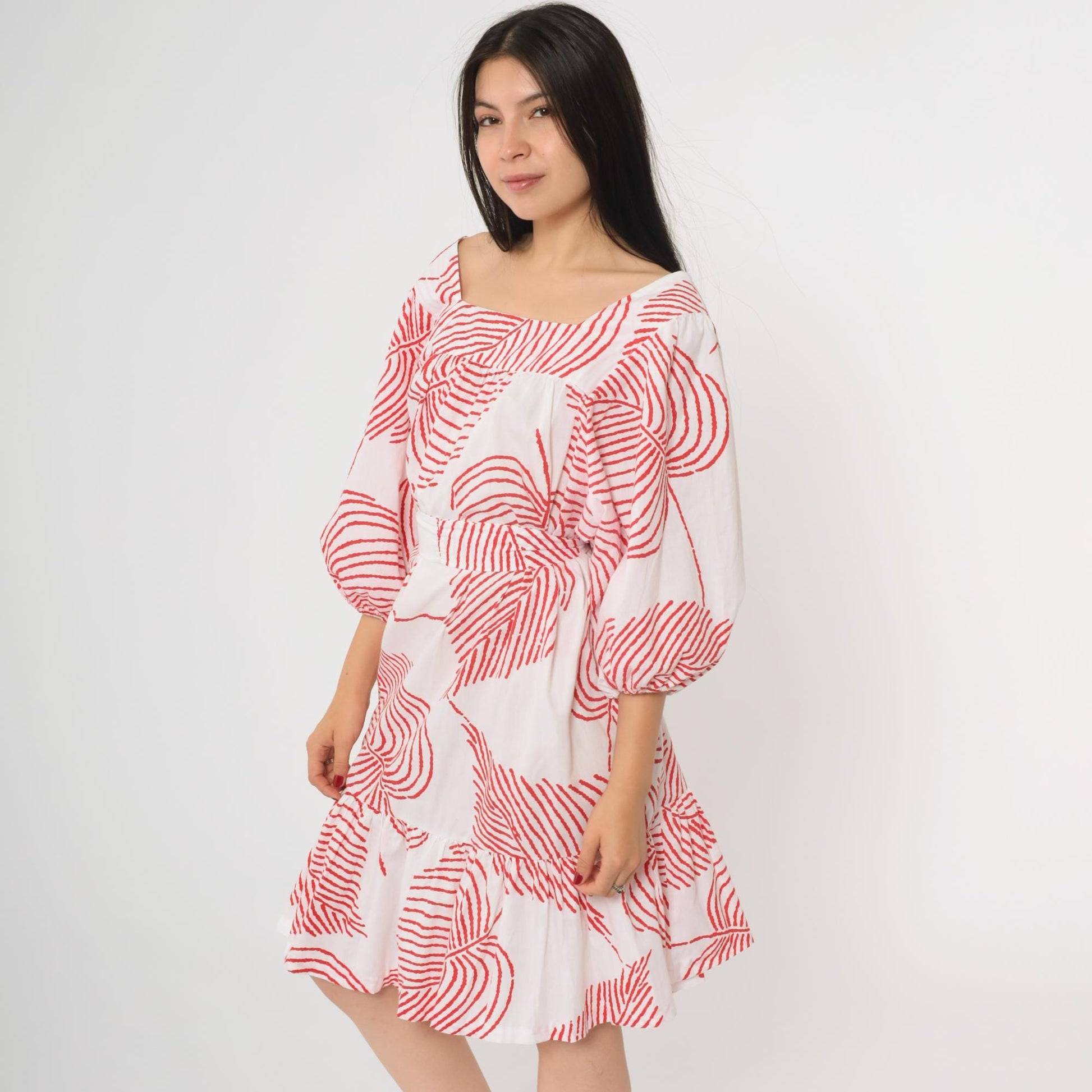80s Periphery Loungewear Tropical Leaf Print Midi Dress Red White Large L