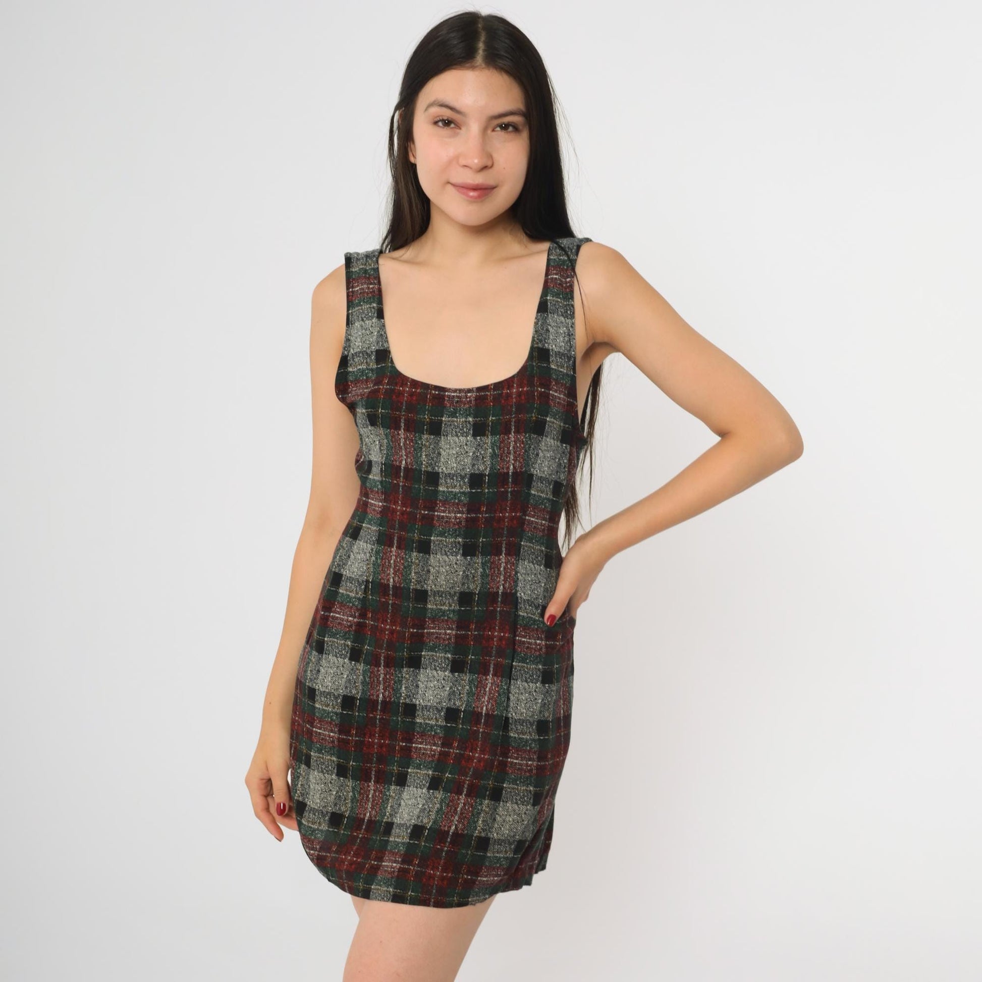 90s Plaid Sheath Dress Backless Grey Checkered Mini Sleeveless Small