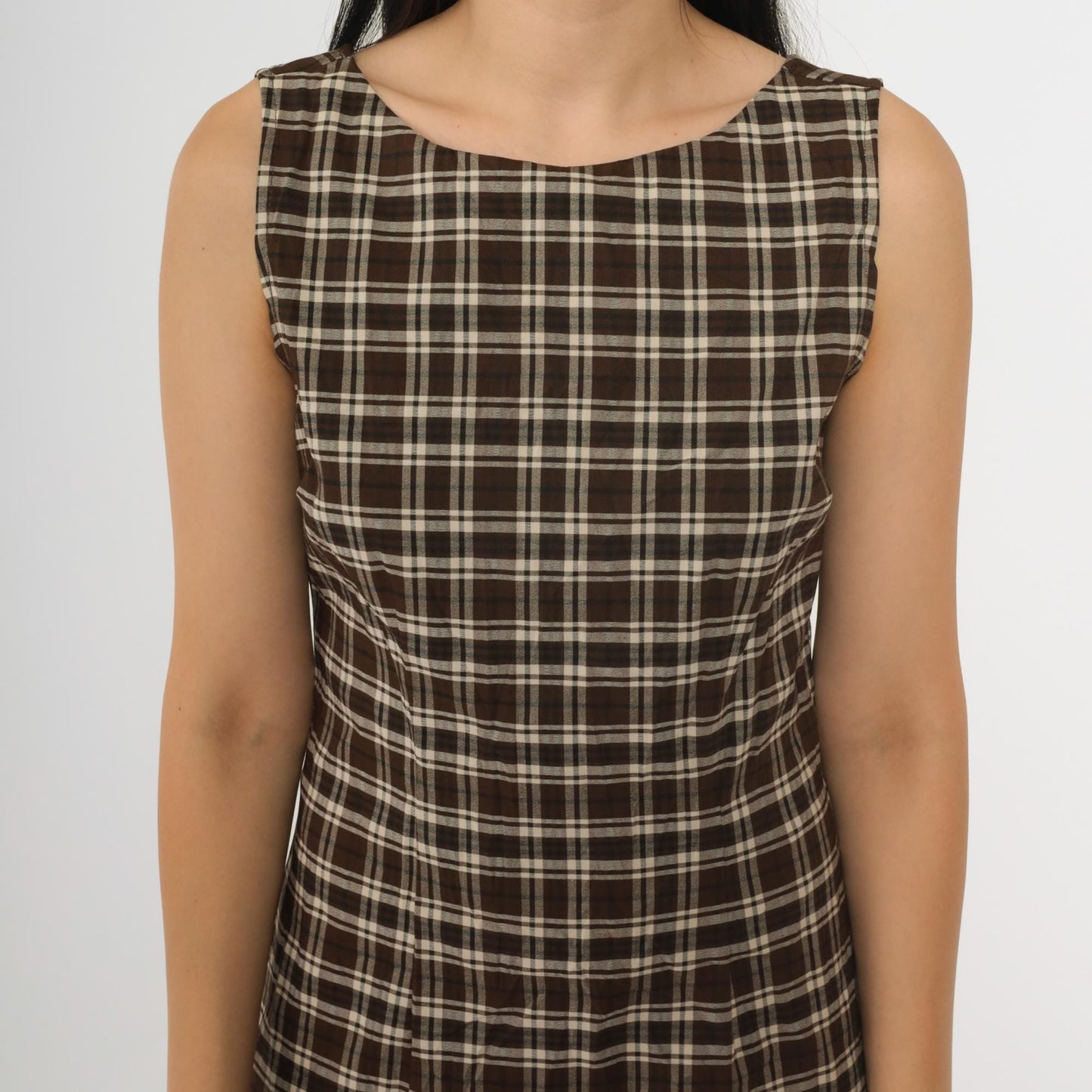 Y2K Brown Plaid Sheath Dress Sleeveless Scoop Back Knee Length Small 5