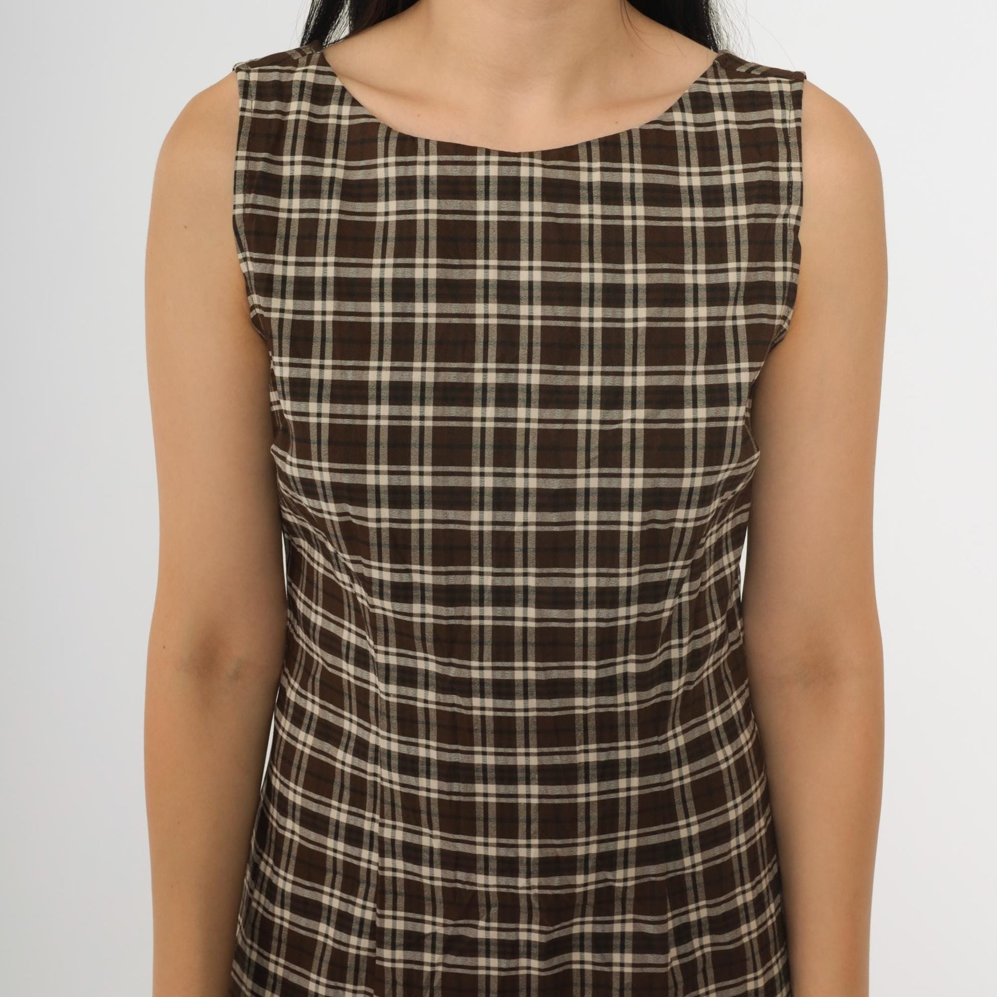 Y2K Brown Plaid Sheath Dress Sleeveless Scoop Back Knee Length Small 5