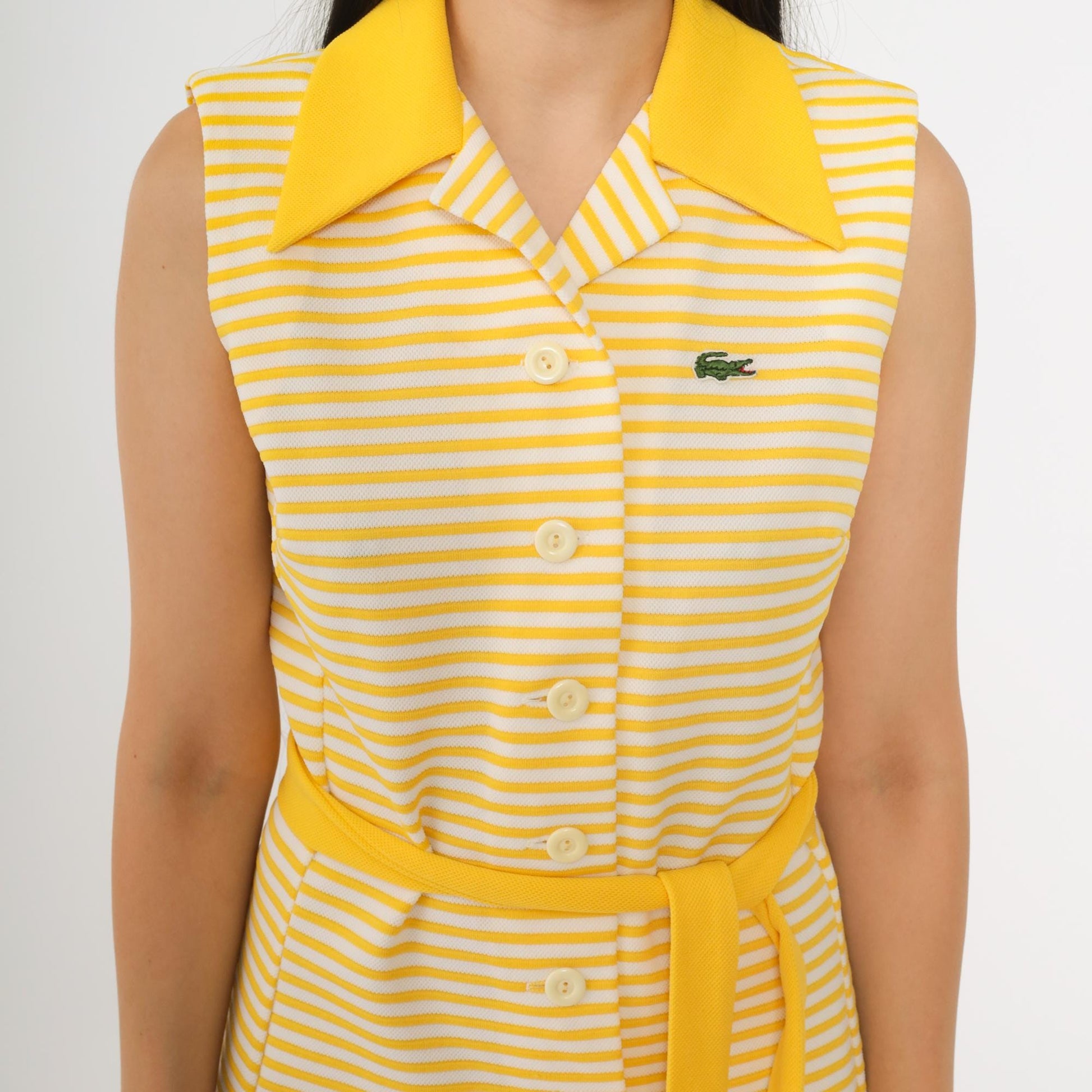 60s Chemise Lacoste Yellow Striped Shift Mini Dress Crocodile Logo Small