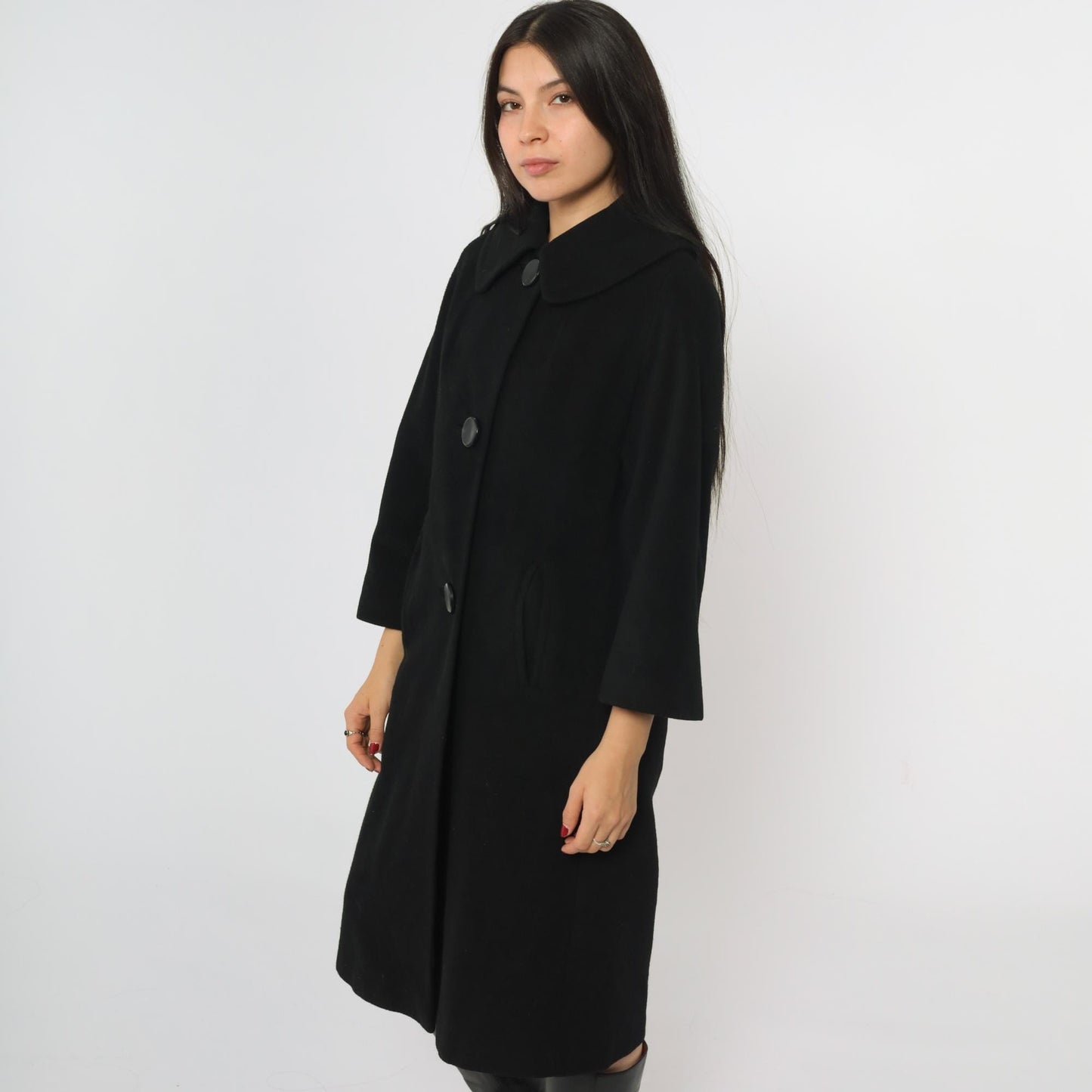 1950s Couture Americana Black Cashmere Swing Coat Midi Small Medium