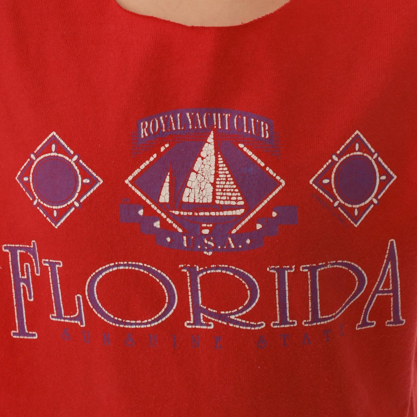 90s Florida Yacht Club Graphic Tee Red Cutoff Neckline Small S