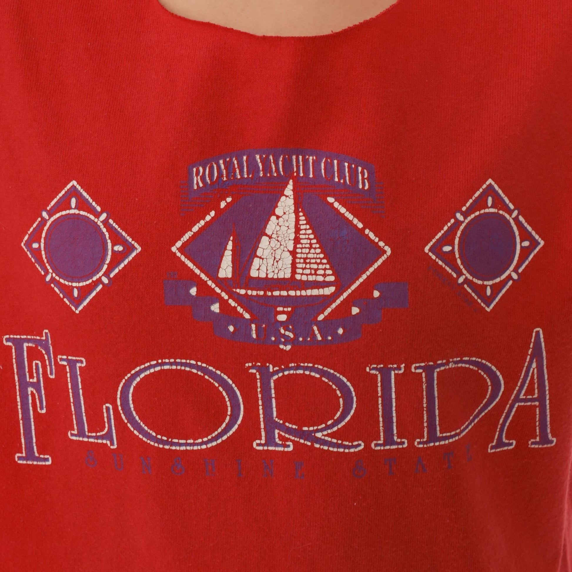 90s Florida Yacht Club Graphic Tee Red Cutoff Neckline Small S