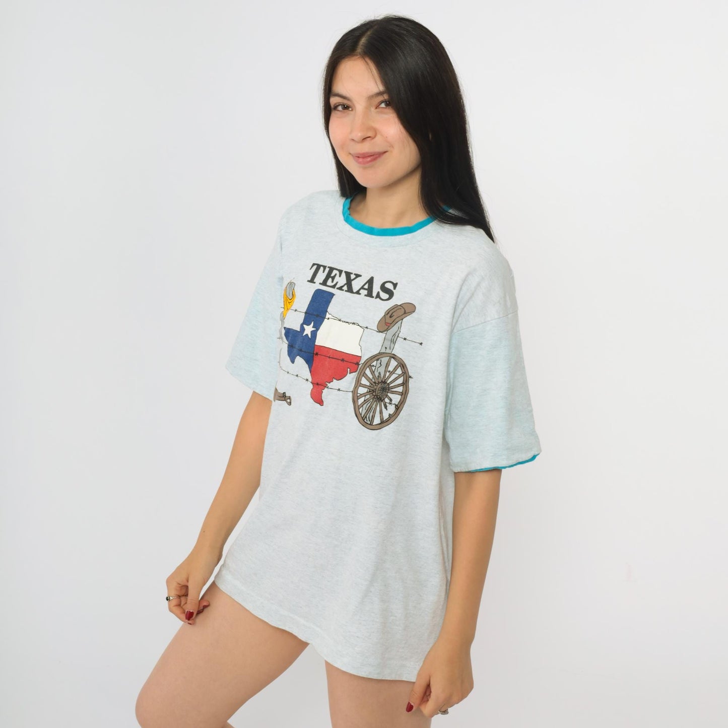 90s Texas Map Flag Graphic T-Shirt Ringer Tee Turquoise Cuffs Grey Medium