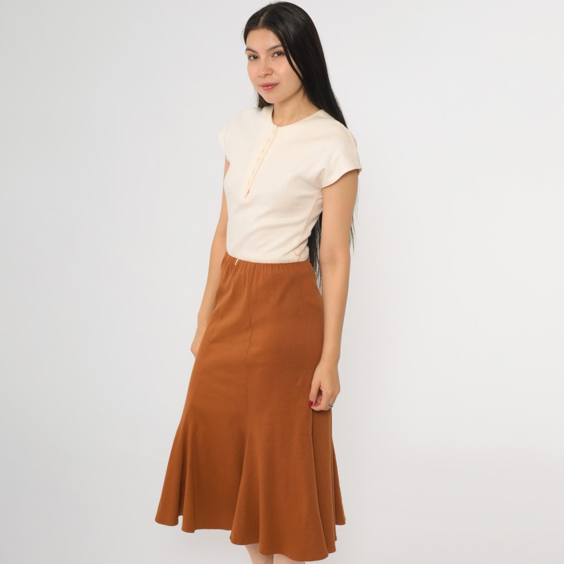 80s Cream Burnt Orange Knit Midi Shirtdress Button Up Cap Sleeve Extra Small