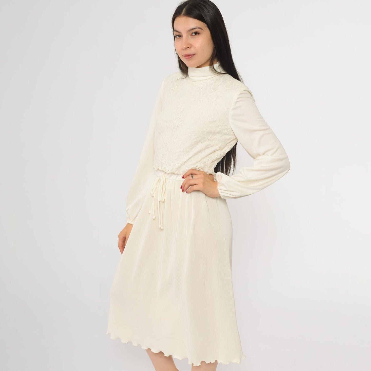 70s Cream Lace Midi Dress Turtleneck Pleated High Waist Long Sleeve Small S