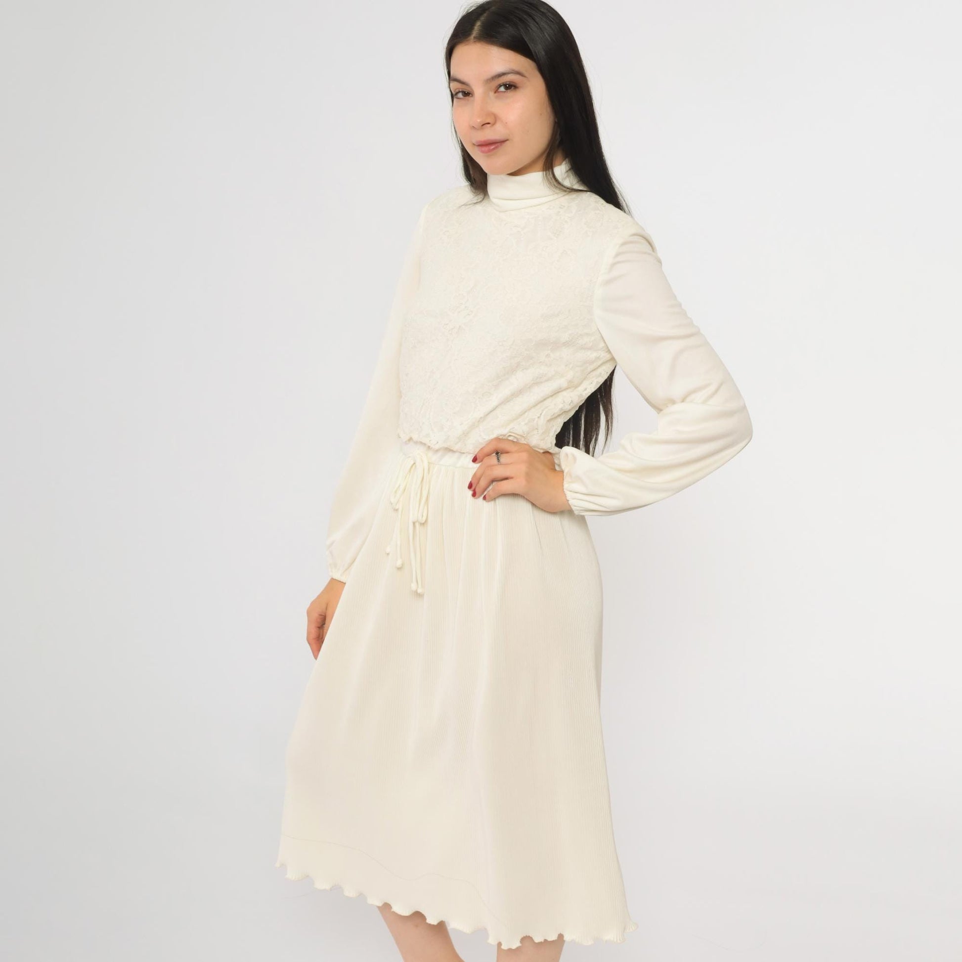 70s Cream Lace Midi Dress Turtleneck Pleated High Waist Long Sleeve Small S