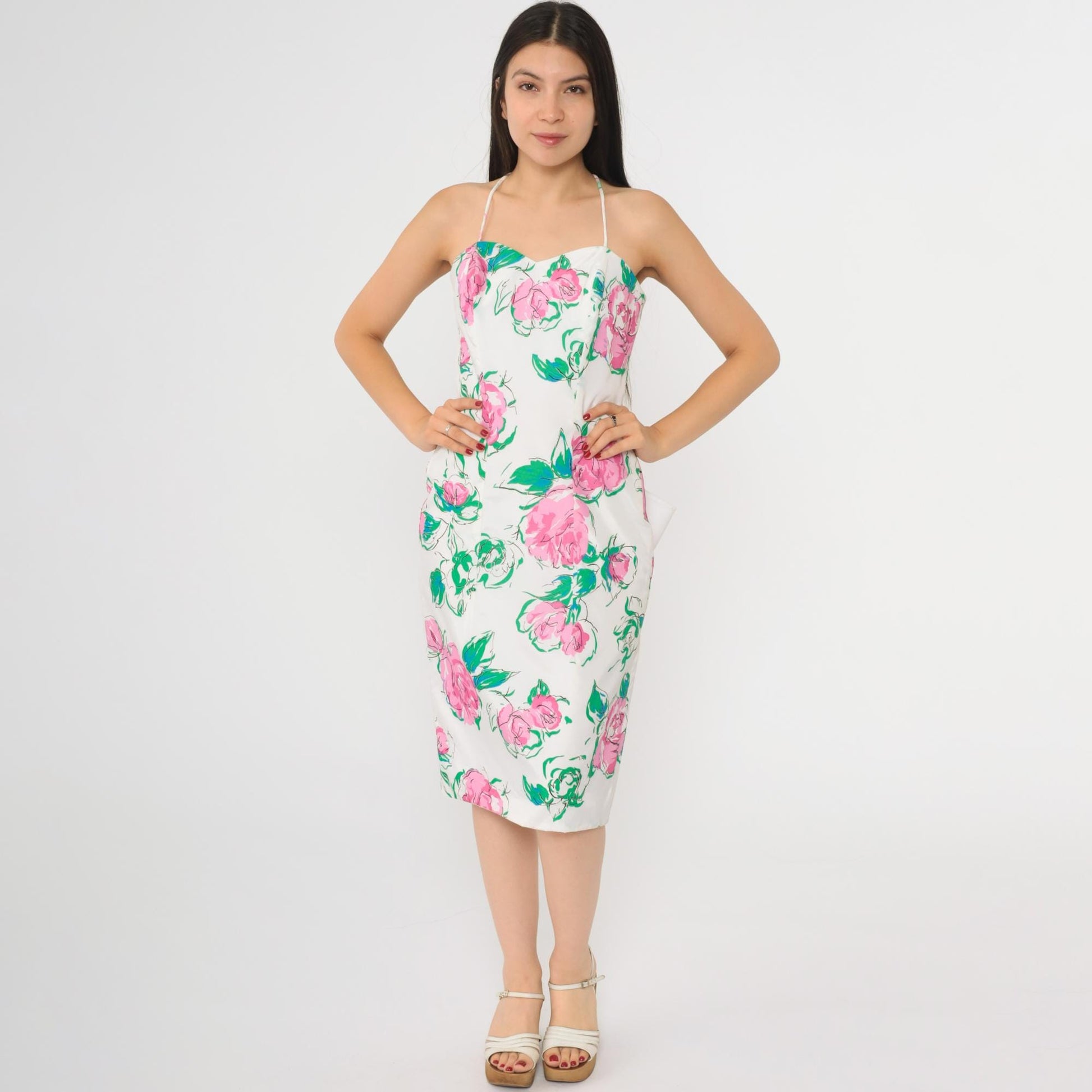 80s White Floral Sweetheart Midi Dress Pink Green Bow Back Small