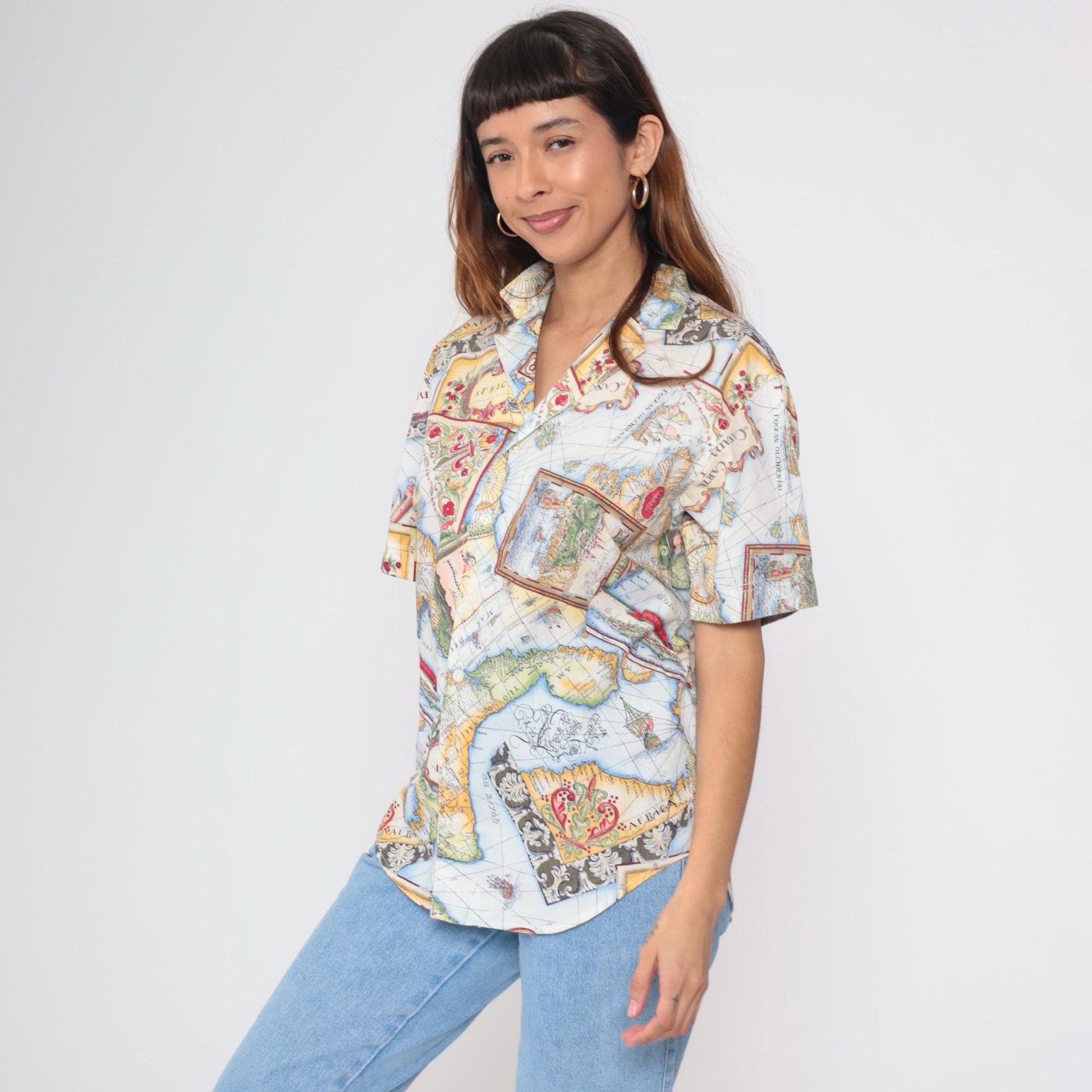 90s Lizwear Africa Map Print Cotton Button Up Shirt Small S