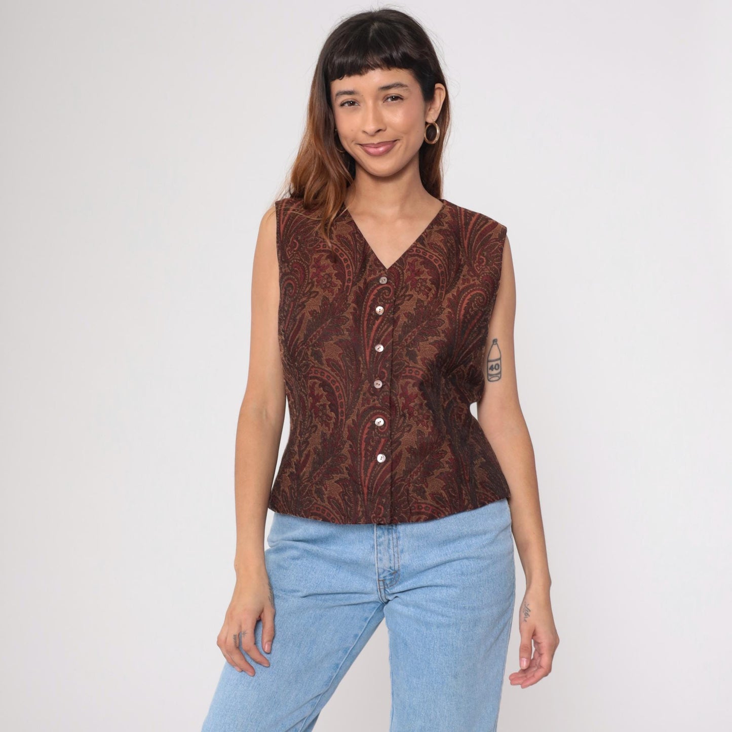 90s Liz Claiborne Paisley Jacquard Vest Button-Up V-Neck Burnt Orange Large