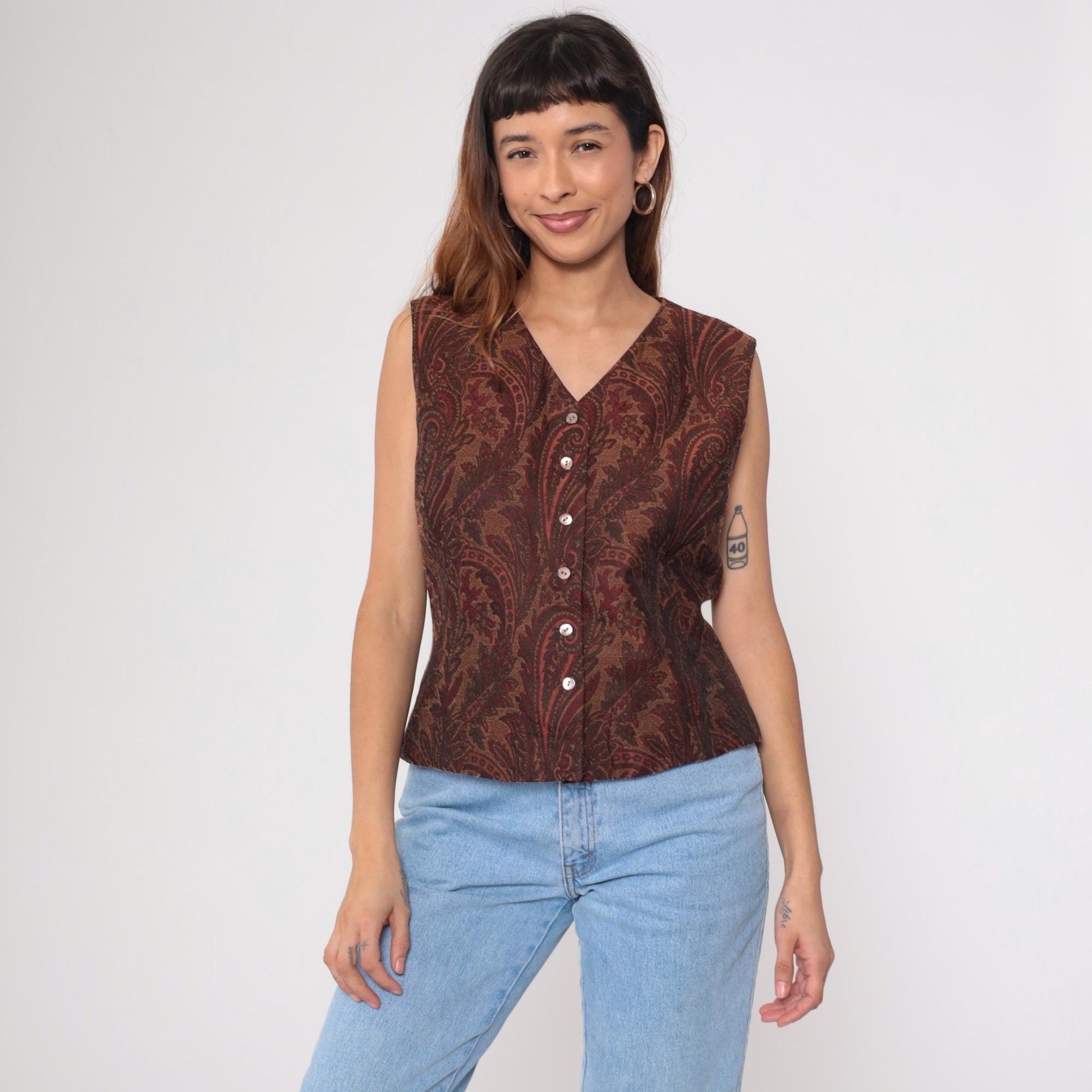 90s Liz Claiborne Paisley Jacquard Vest Button-Up V-Neck Burnt Orange Large