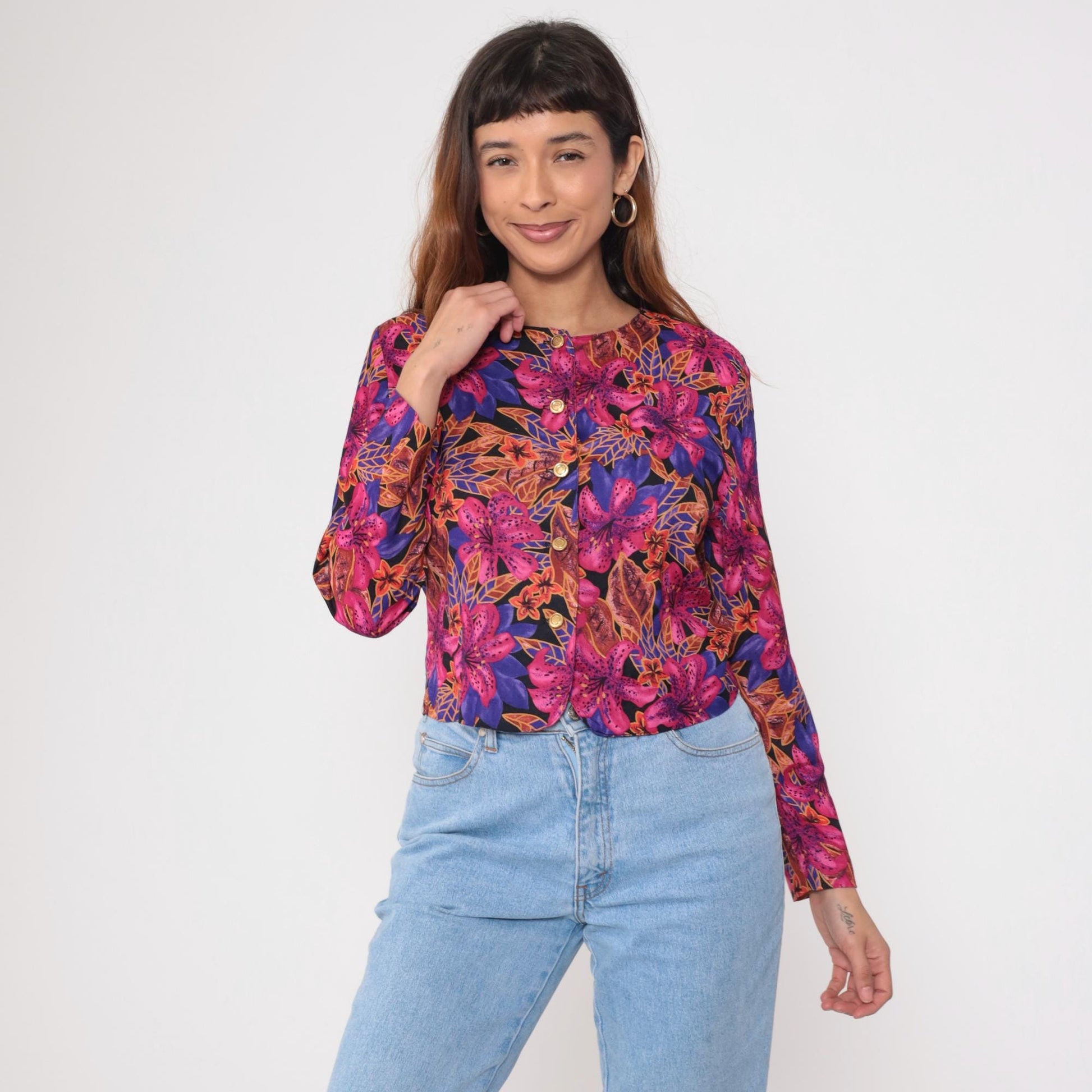 80s Norton McNaughton Tropical Floral Button-Up Blouse Fuchsia Small