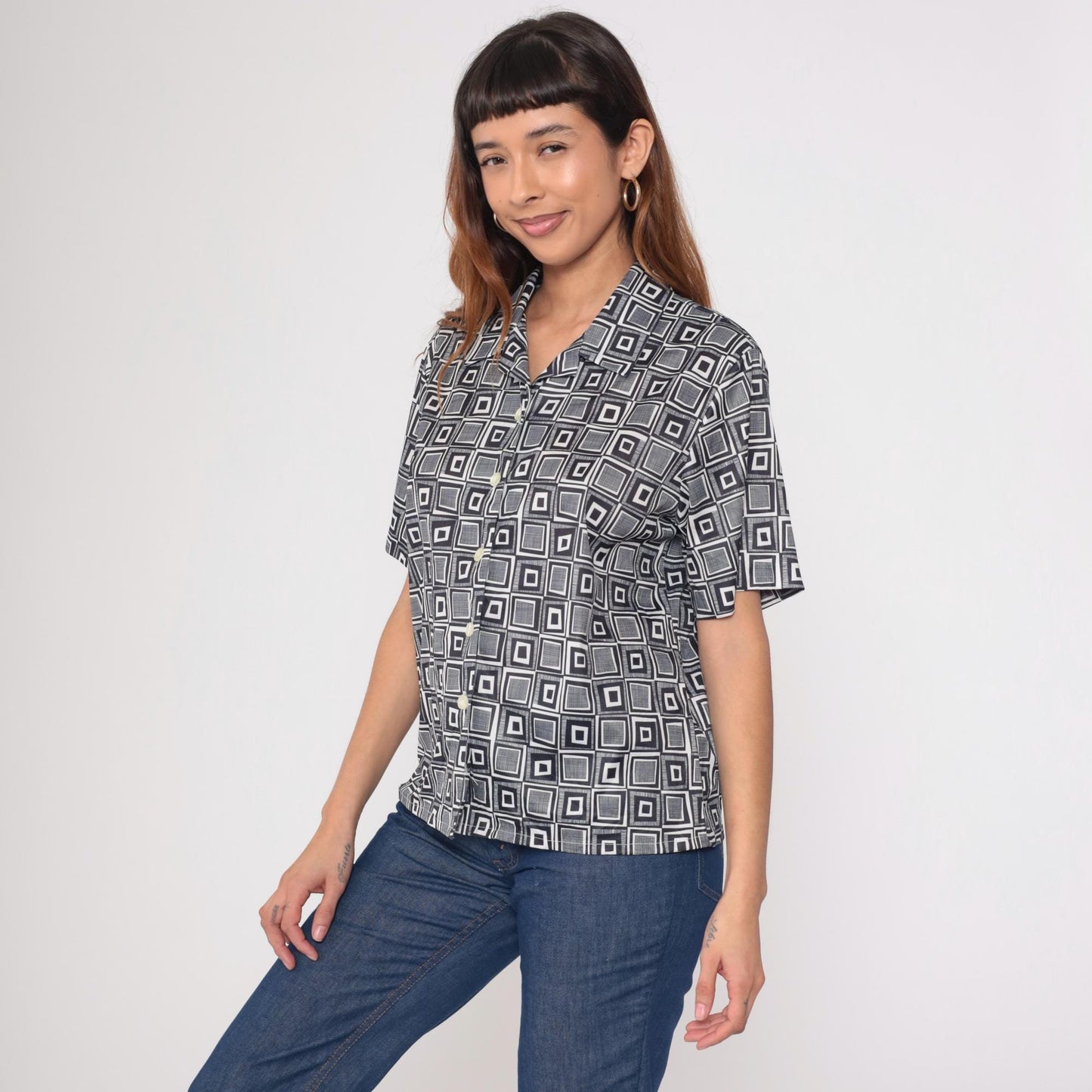 Y2K Geometric Op Art Button-Up Blouse Black White Square Print Large