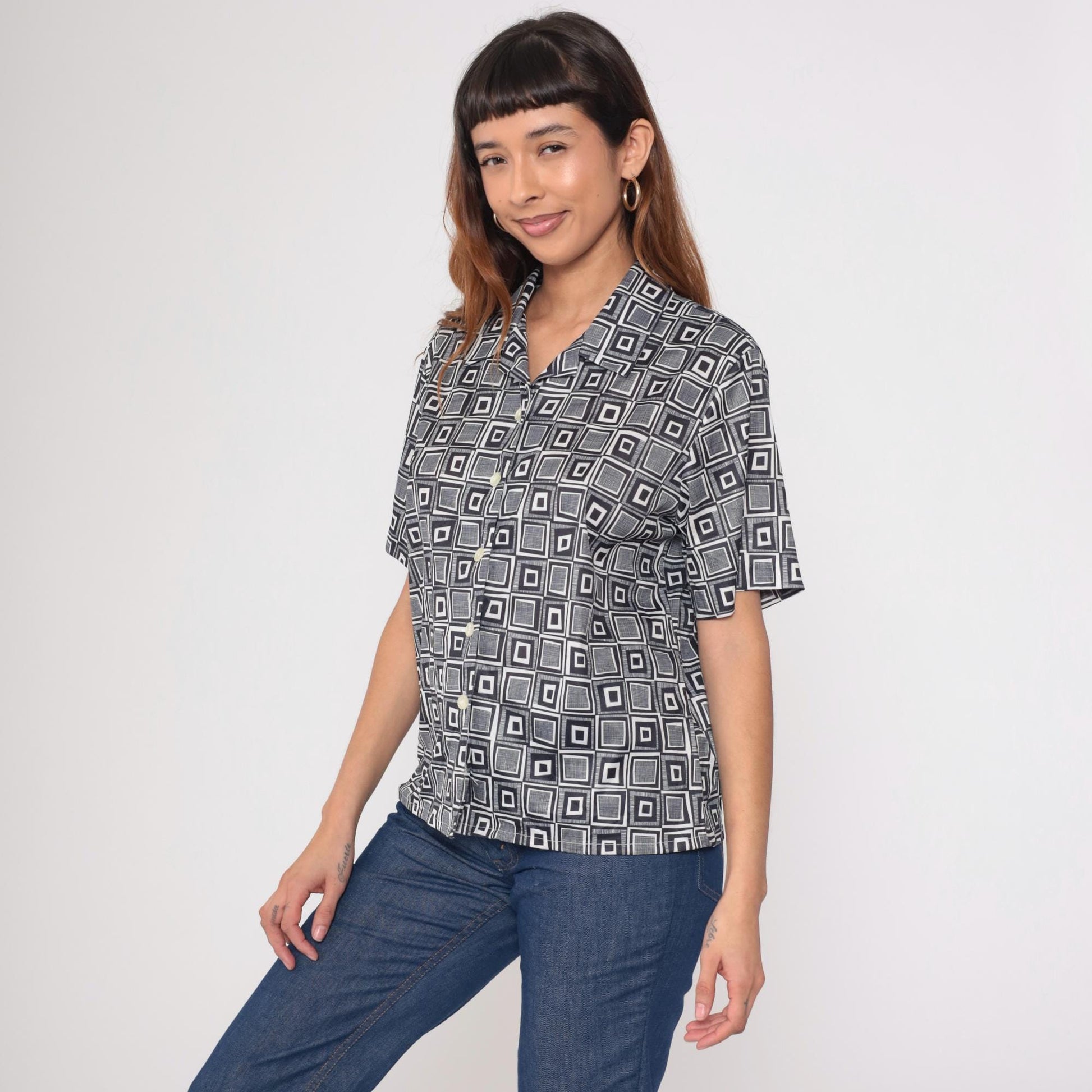 Y2K Geometric Op Art Button-Up Blouse Black White Square Print Large