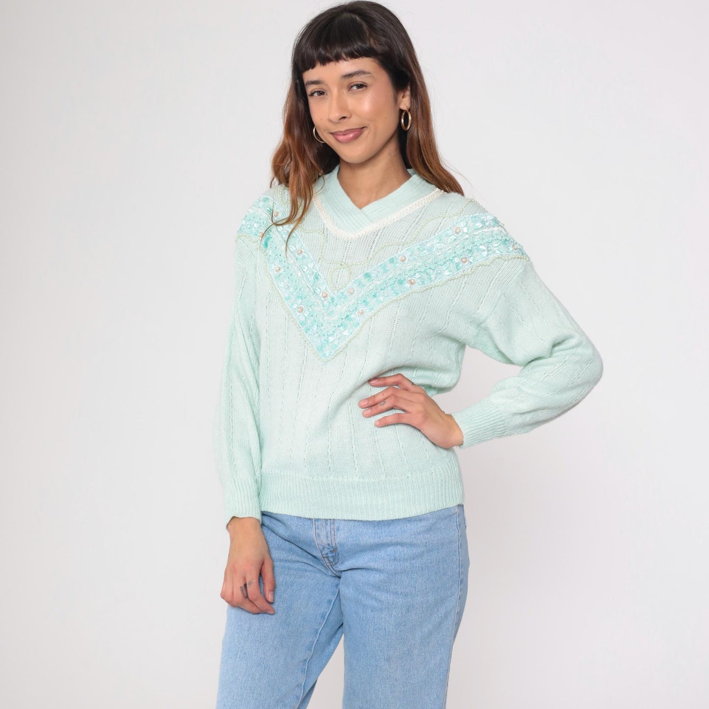 80s Seafoam Pearl Beaded Chevron Sweater Shawl Collar Knit Small