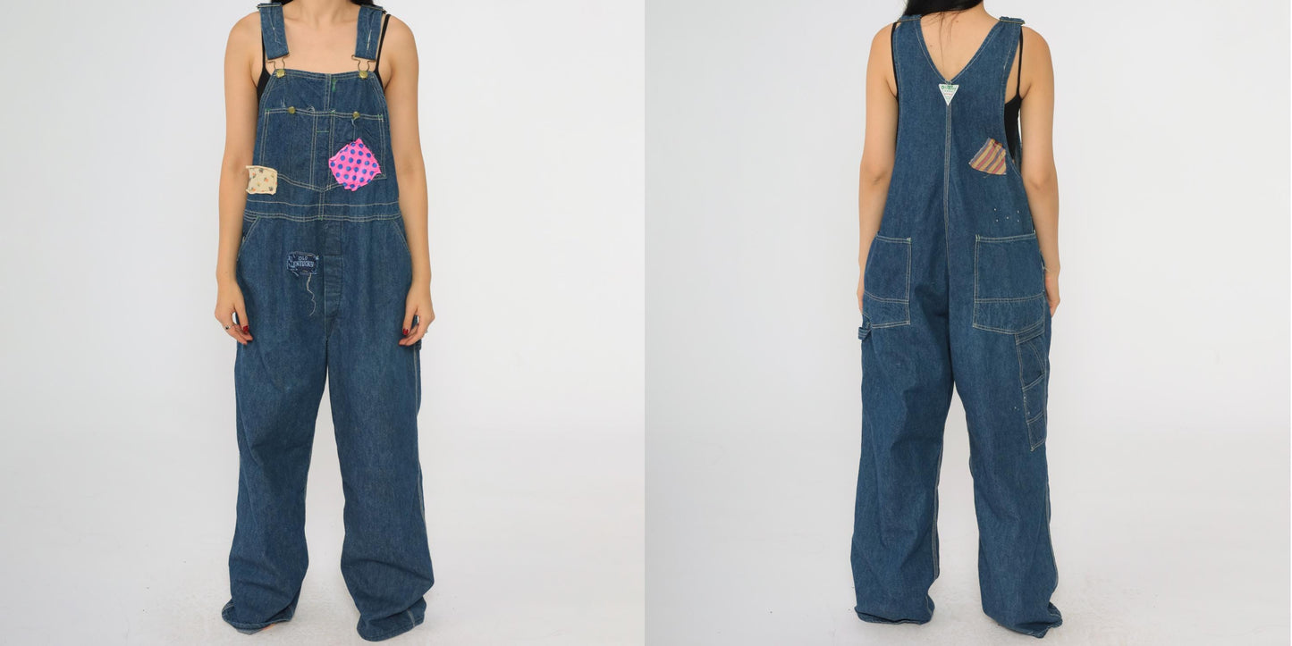 70s OshKosh B'gosh Denim Bib Overalls Patchwork Blue Carpenter Medium Large