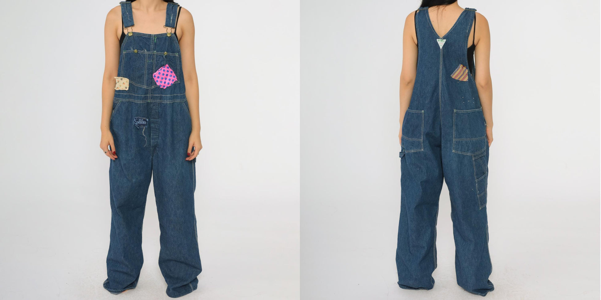 70s OshKosh B'gosh Denim Bib Overalls Patchwork Blue Carpenter Medium Large