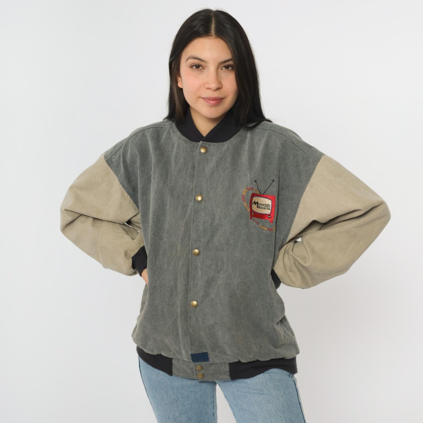 90s Meredith Broadcasting Bomber Jacket Canvas Colorblock Grey Medium