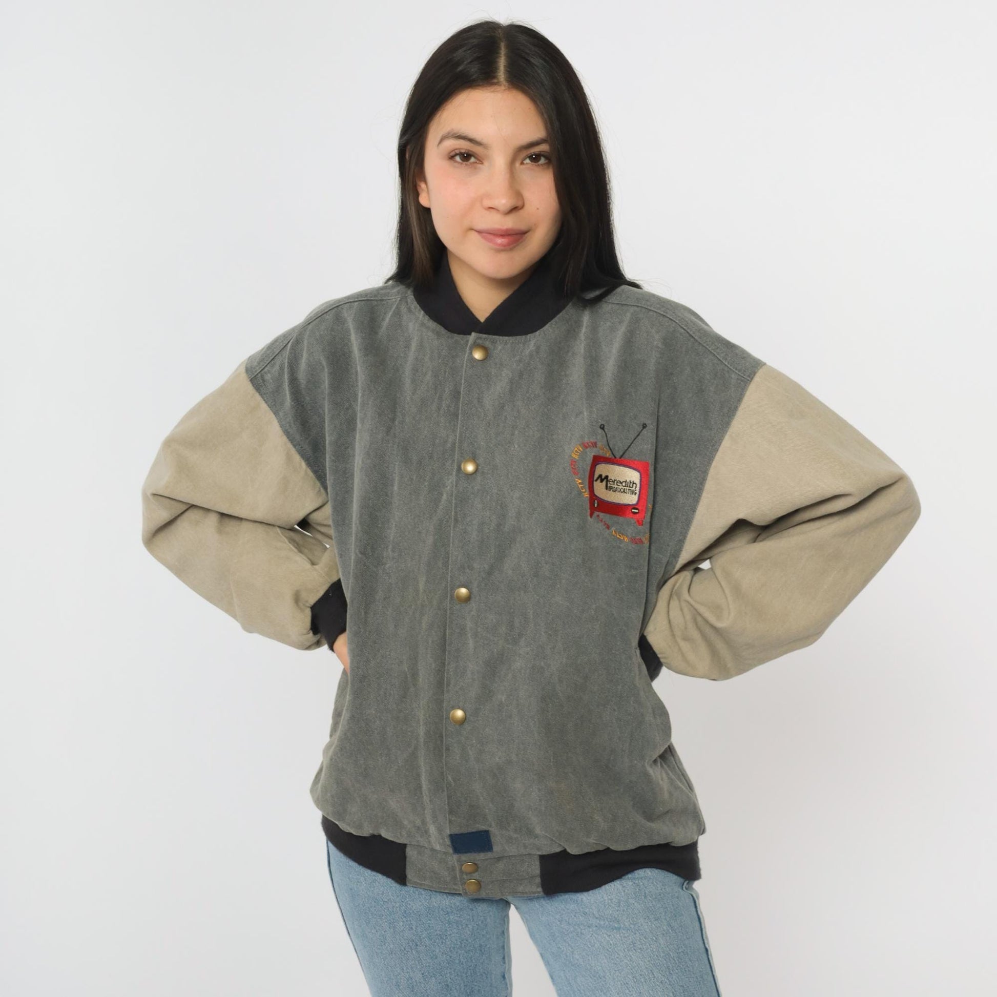 90s Meredith Broadcasting Bomber Jacket Canvas Colorblock Grey Medium