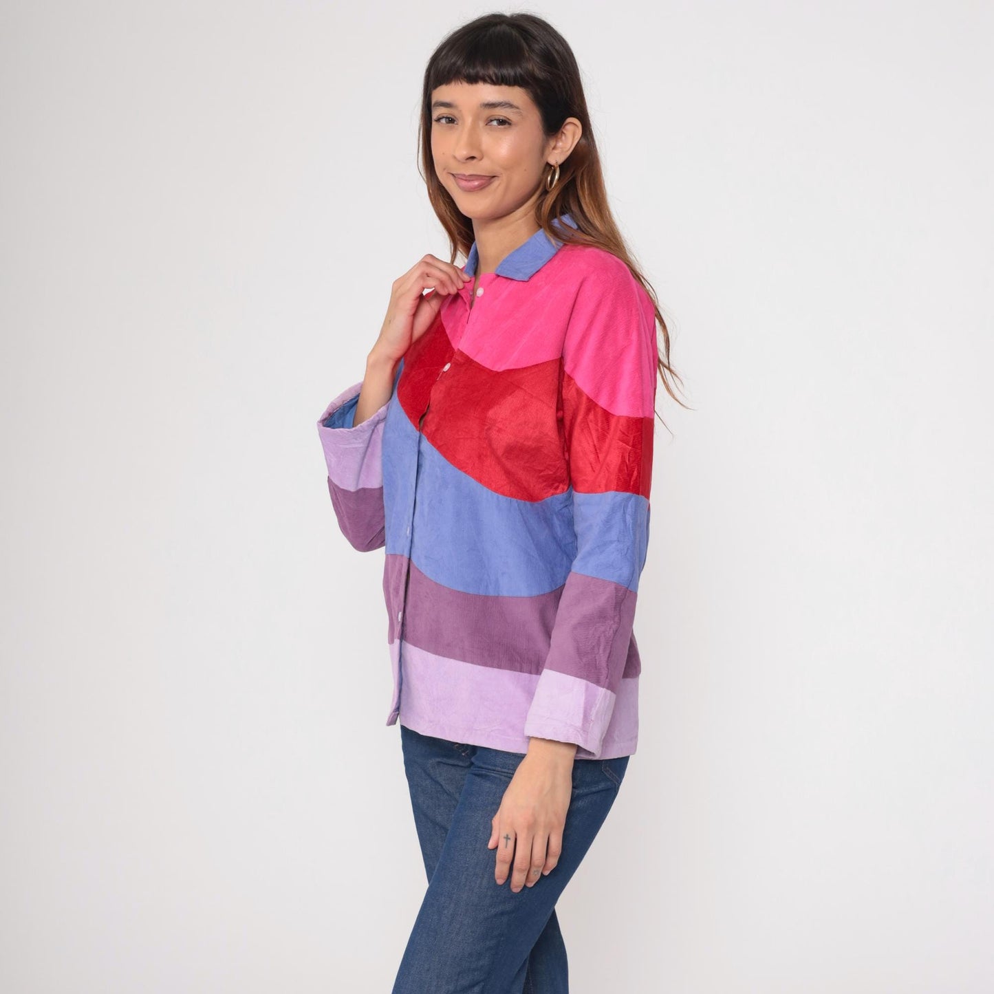 70s Corduroy Color Block Button Up Blouse Pink Purple Red Long Sleeve Large L