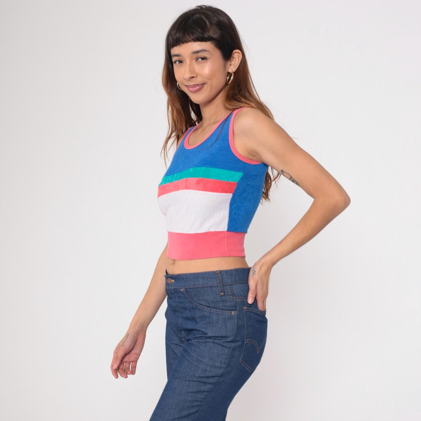 80s Terrycloth Tank Top Striped Blue Coral Mesh Ringer Crop Extra Small
