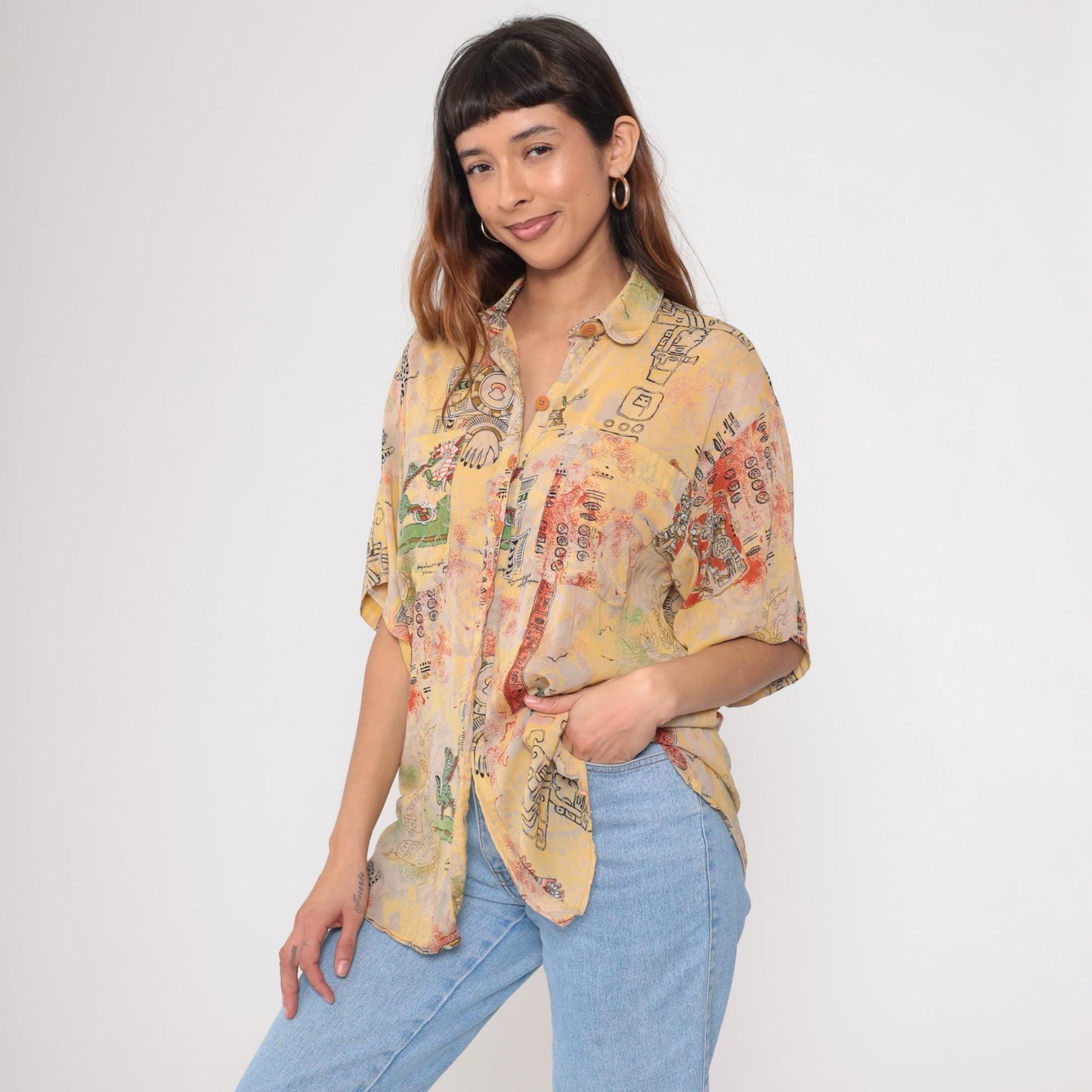 90s Aztec Print Button Down Shirt Yellow Abstract Figures Medium