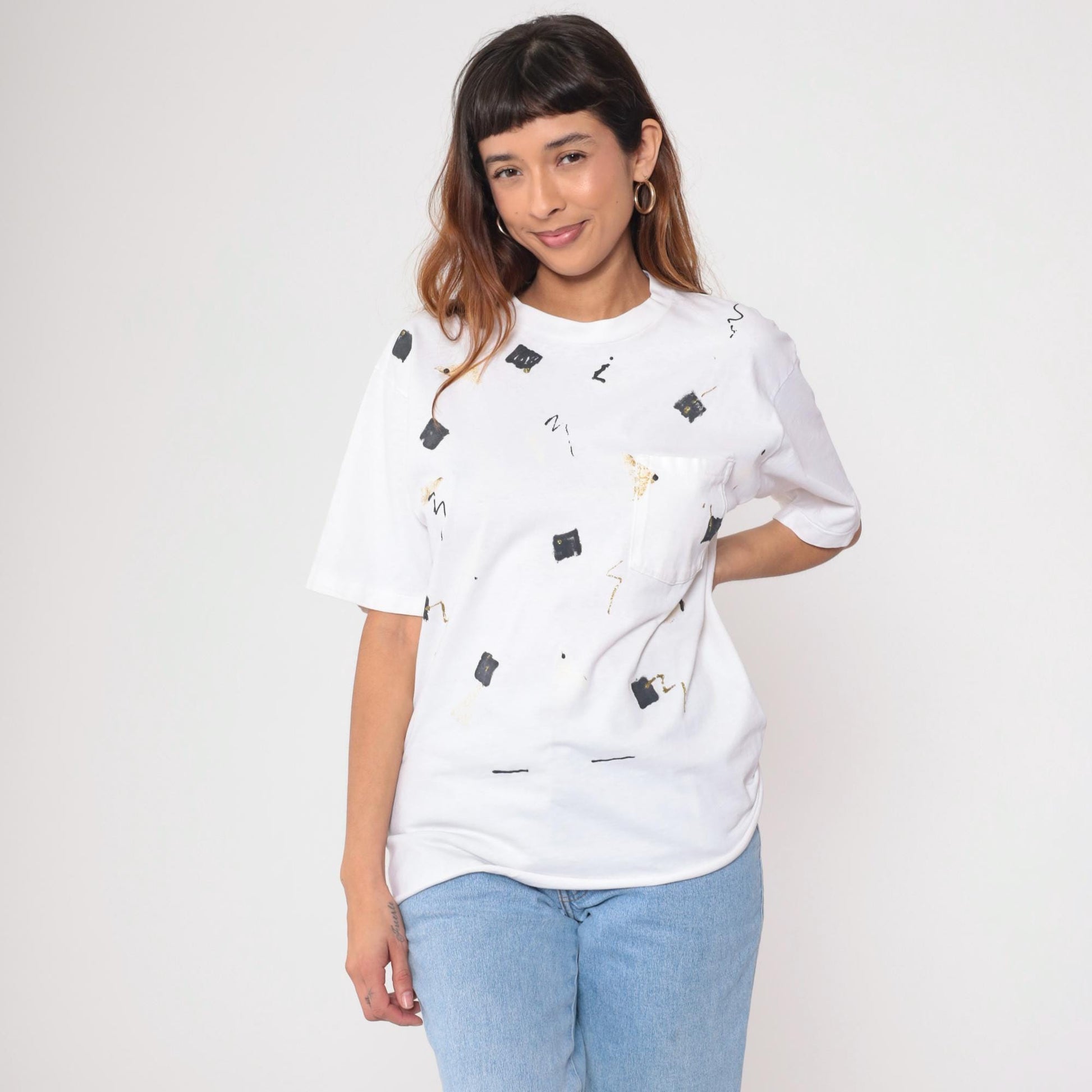 90s Abstract Geometric Glitter T-Shirt White Gold Black Graphic Tee Medium