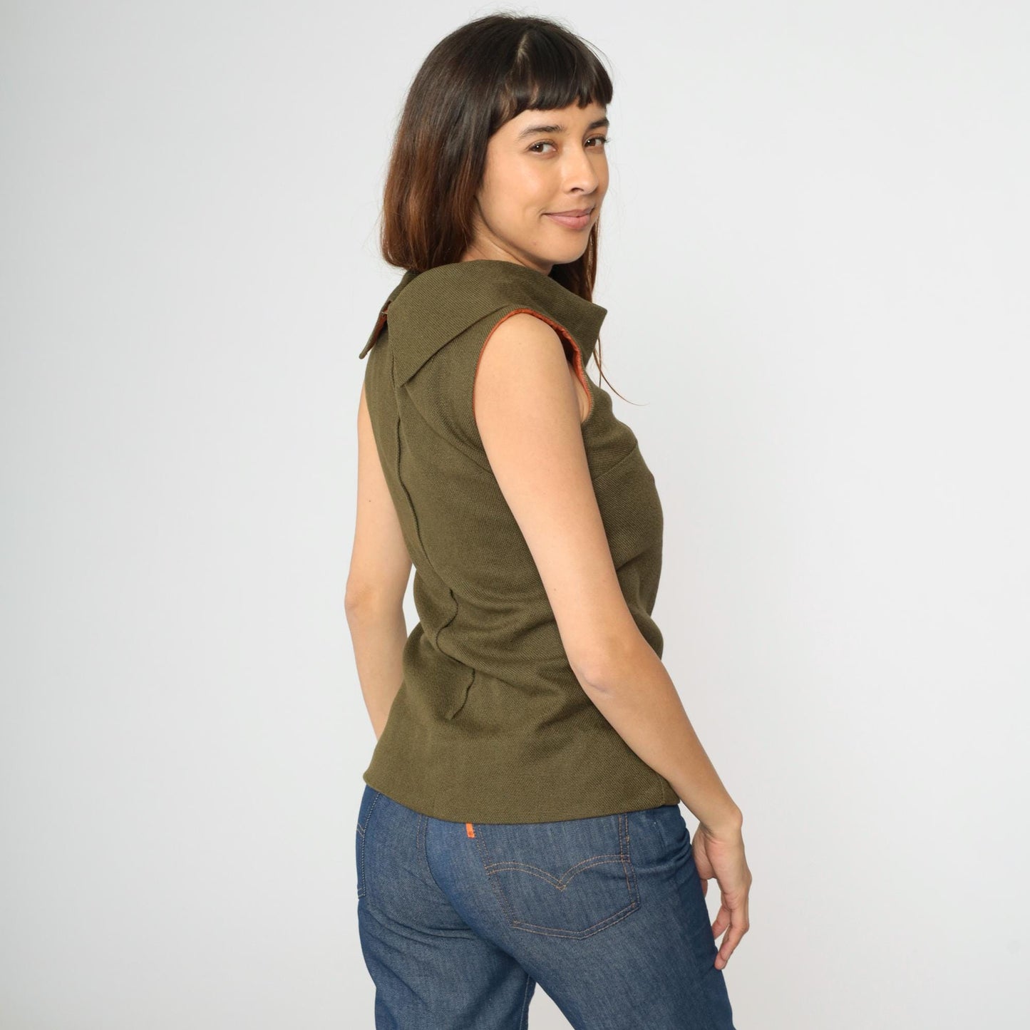 1960s Olive Brown Cowl Neck Sleeveless Woven Blouse Extra Small XS
