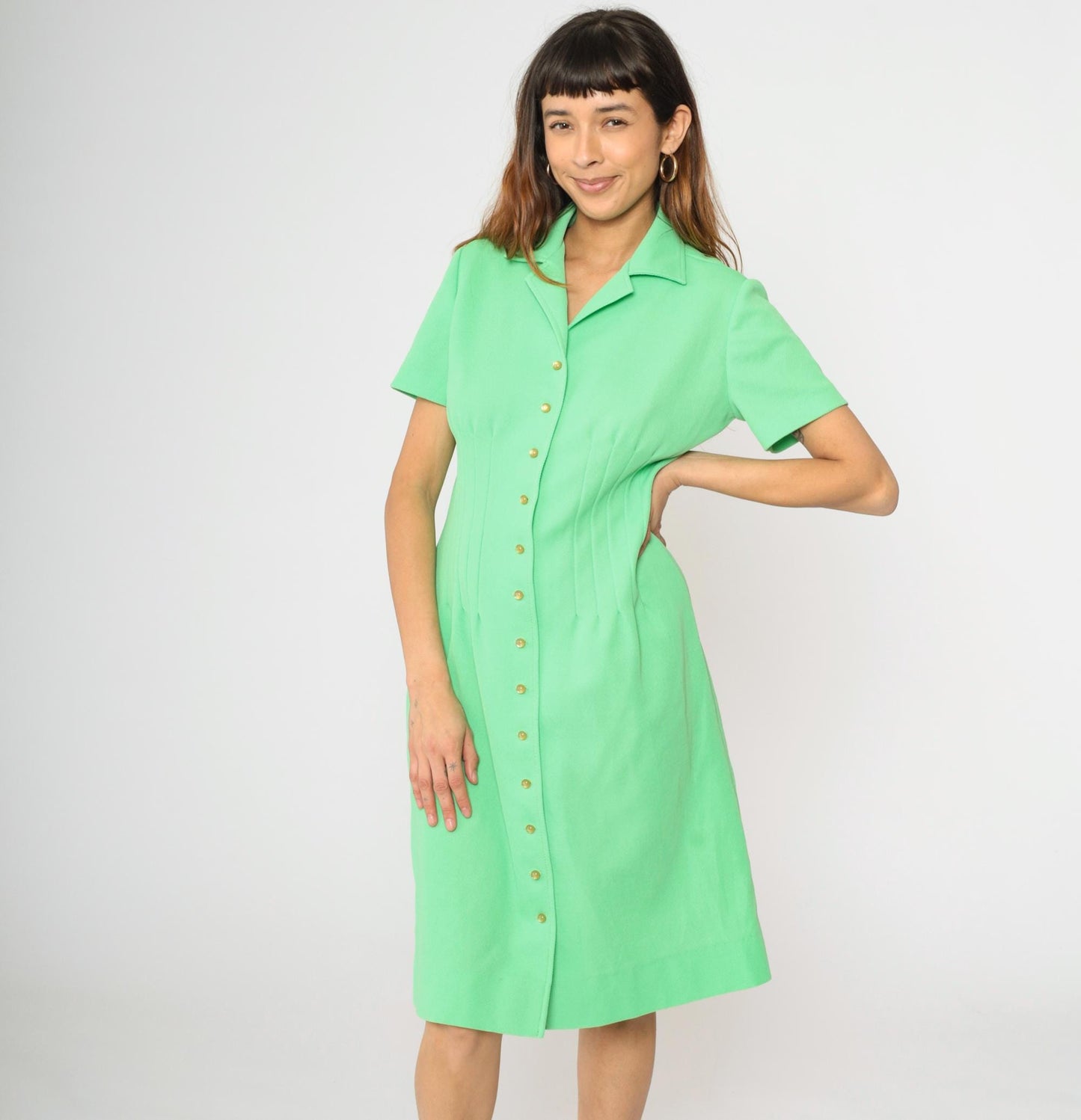70s Green Mod Mini Shirtdress Button-Up Shift Dress Pointed Collar Medium M