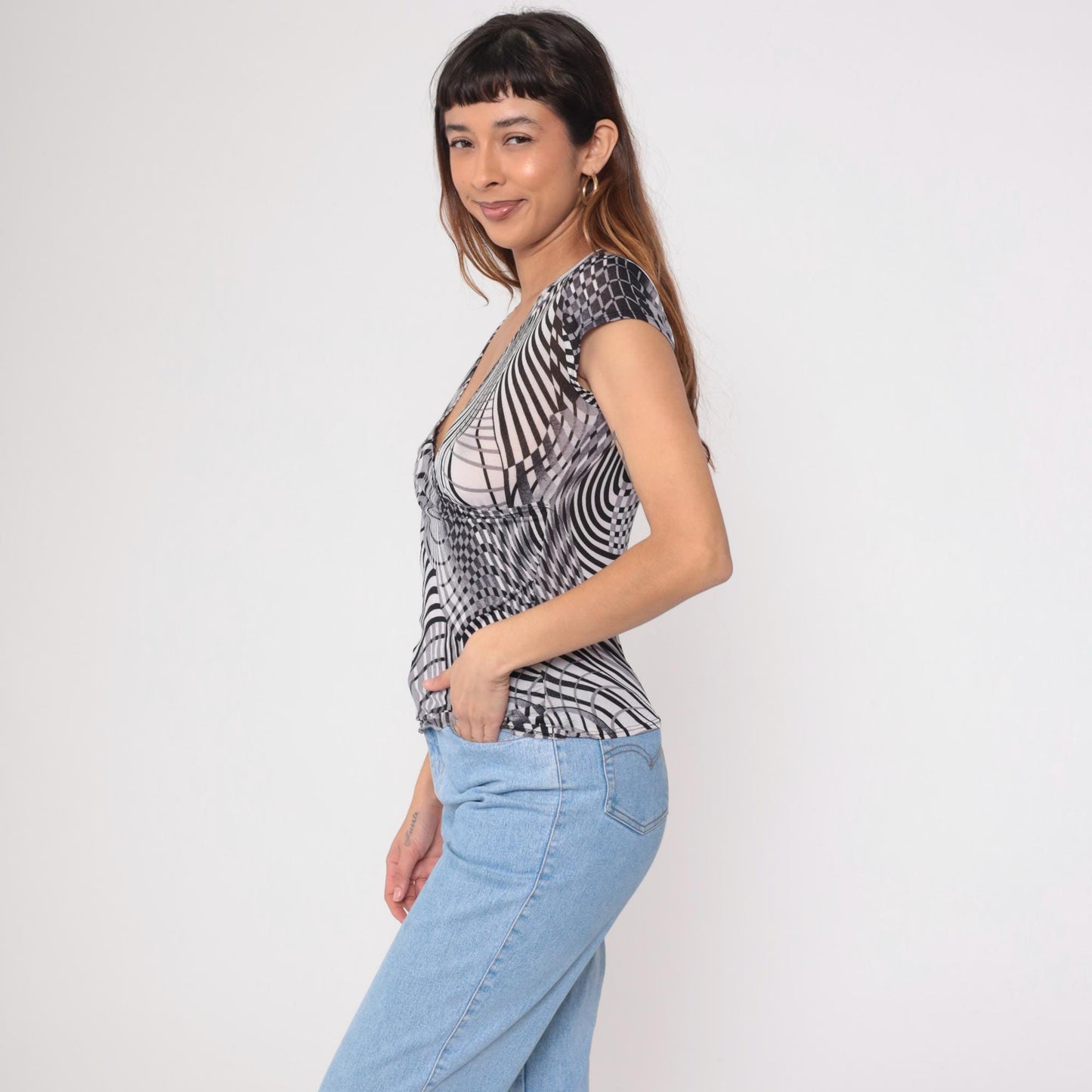 Y2K Op Art Striped Faux Wrap Top Deep V Neck Black Grey White Large L