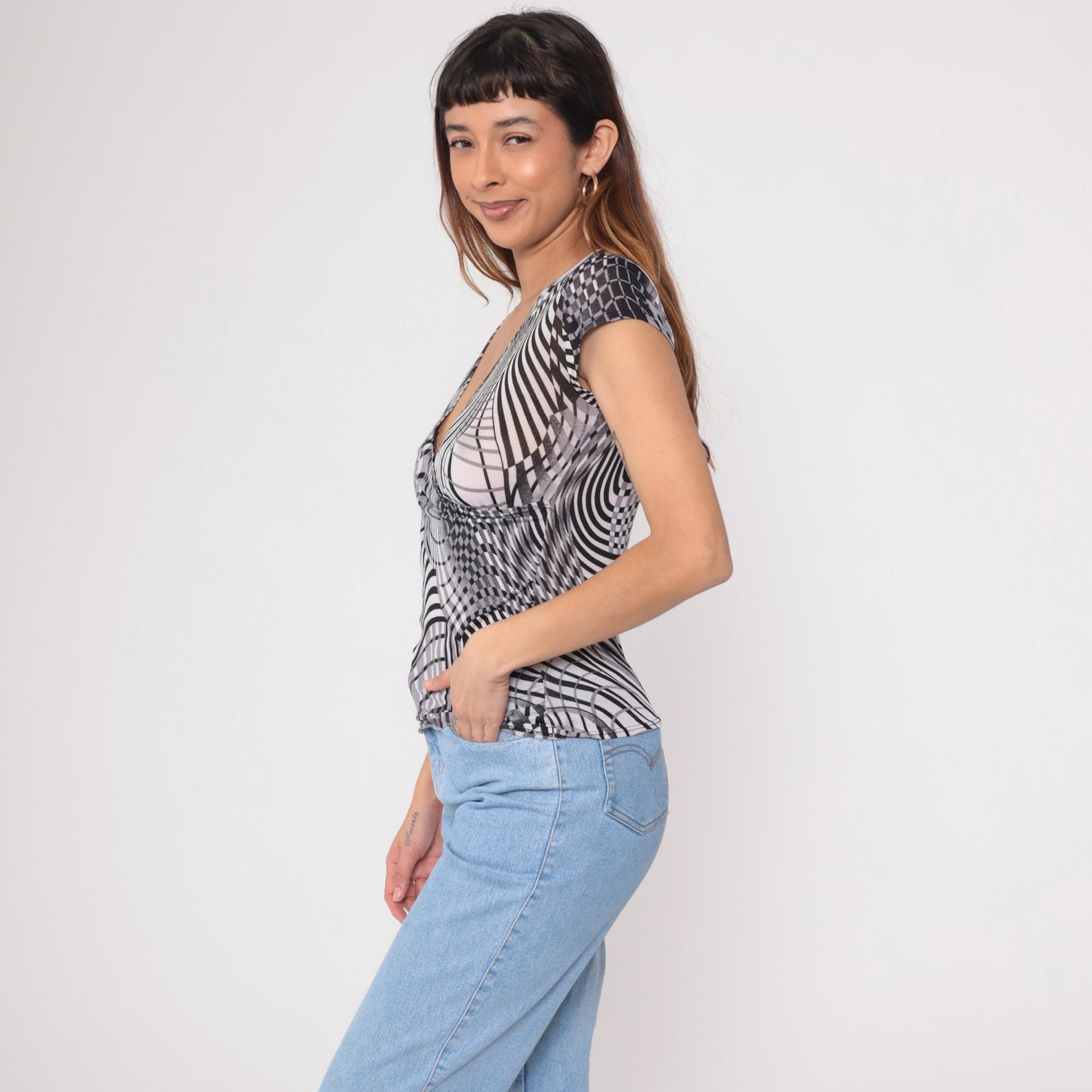 Y2K Op Art Striped Faux Wrap Top Deep V Neck Black Grey White Large L