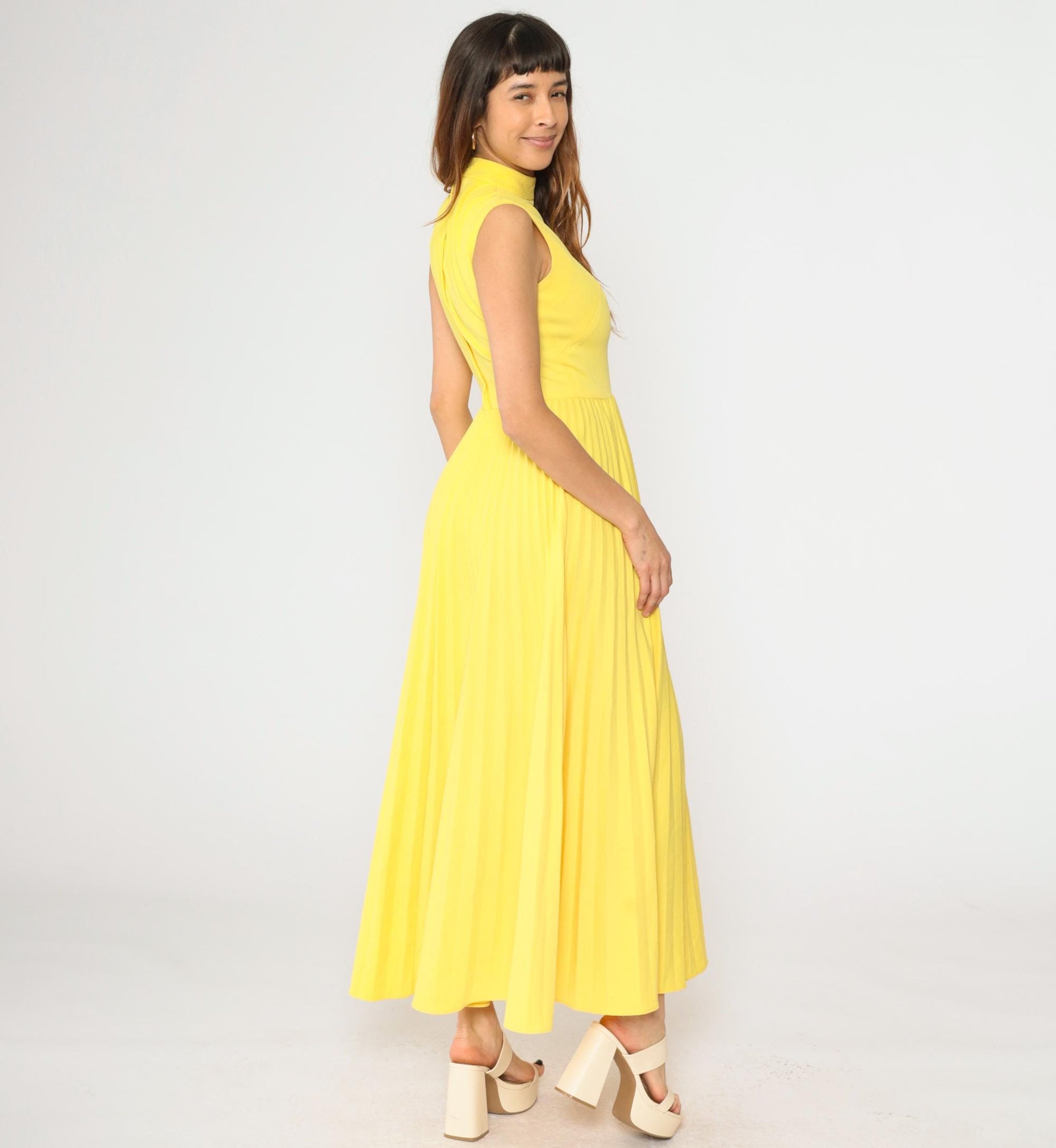 70s Yellow Pleated Maxi Dress Sleeveless High Waist Small S