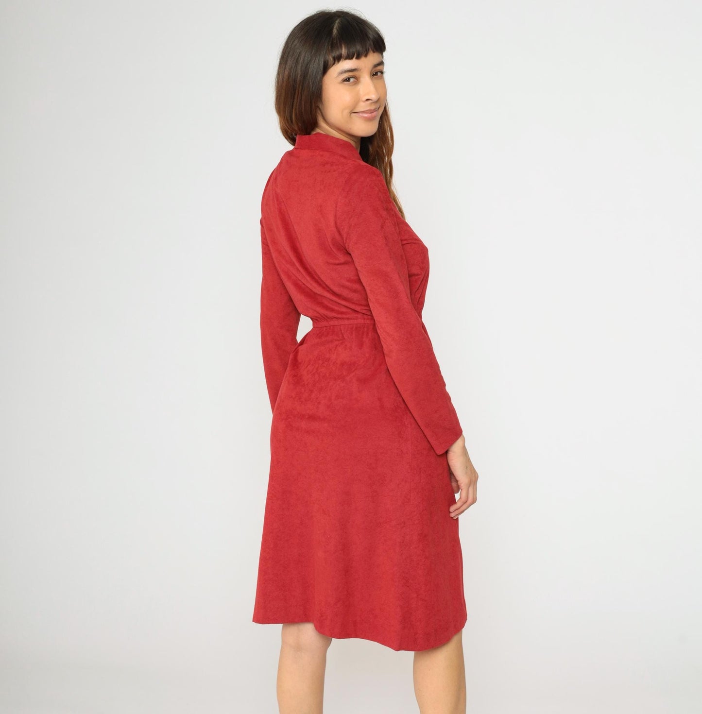 70s Red Velour Midi Shirtdress High Waist Button Front Long Sleeve Small
