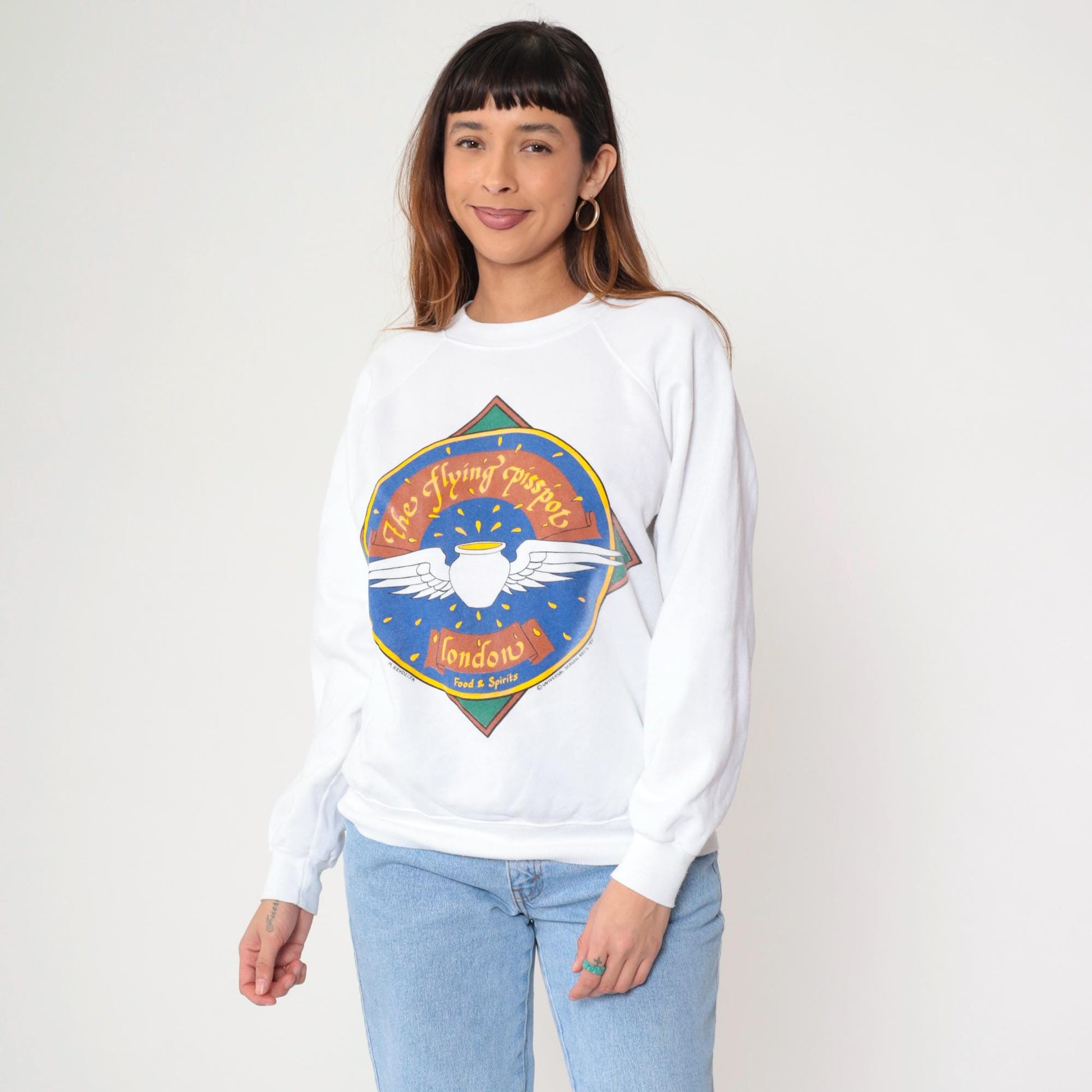 80s Flying Pisspot London Pub Graphic Sweatshirt White Raglan Crewneck Medium