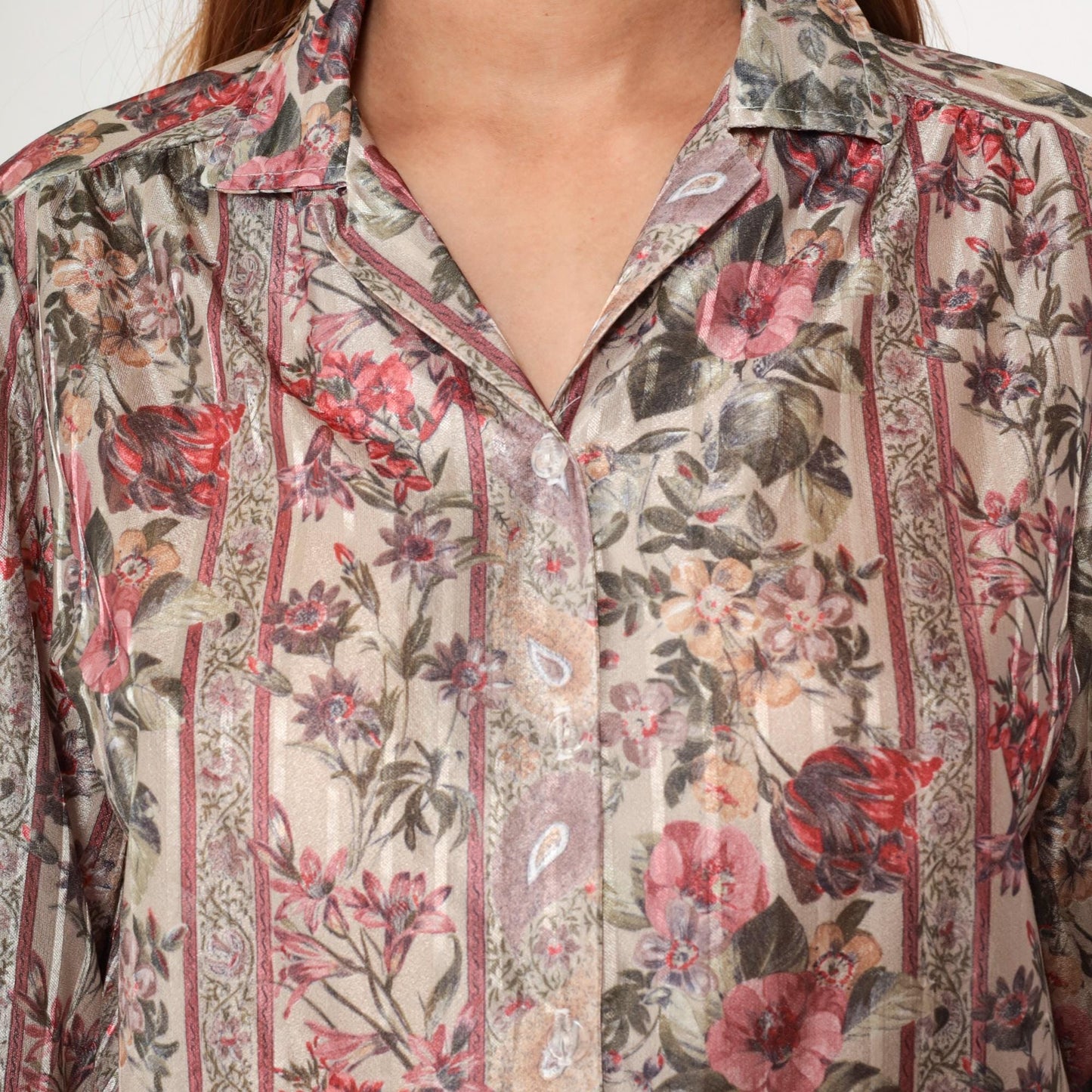 80s Beverley of California Striped Floral Button-Up Blouse Beige Red Medium