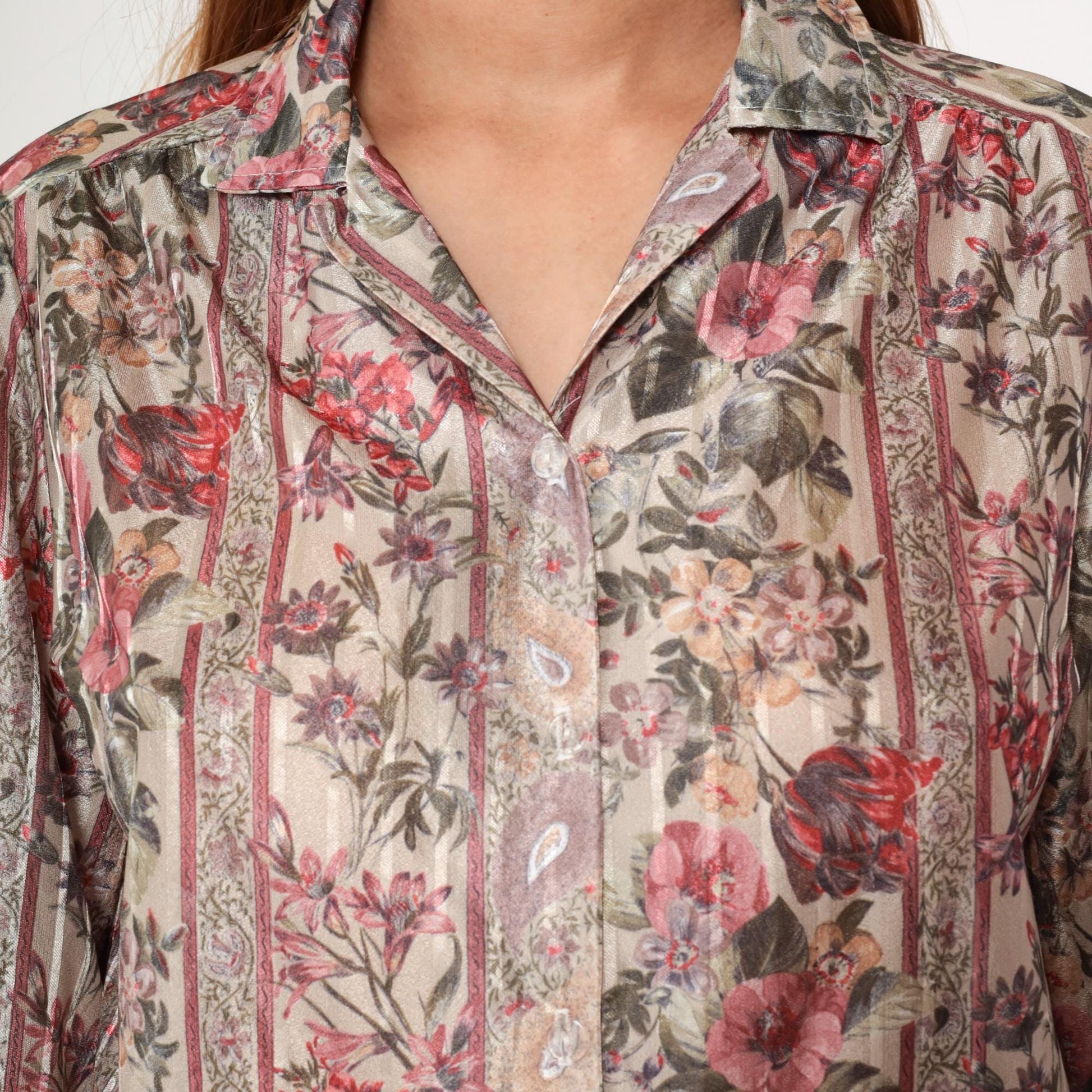 80s Beverley of California Striped Floral Button-Up Blouse Beige Red Medium