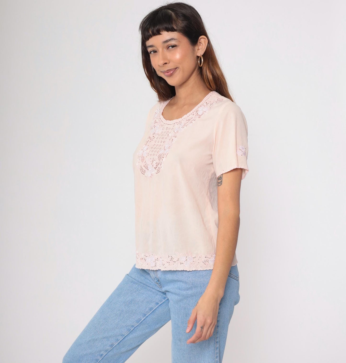 80s Baby Pink Floral Embroidered Cutout Blouse Small S
