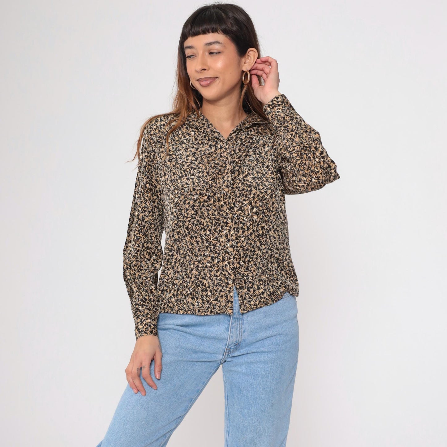80s Geometric Jacquard Button Up Blouse Tan Black Puff Sleeve Small