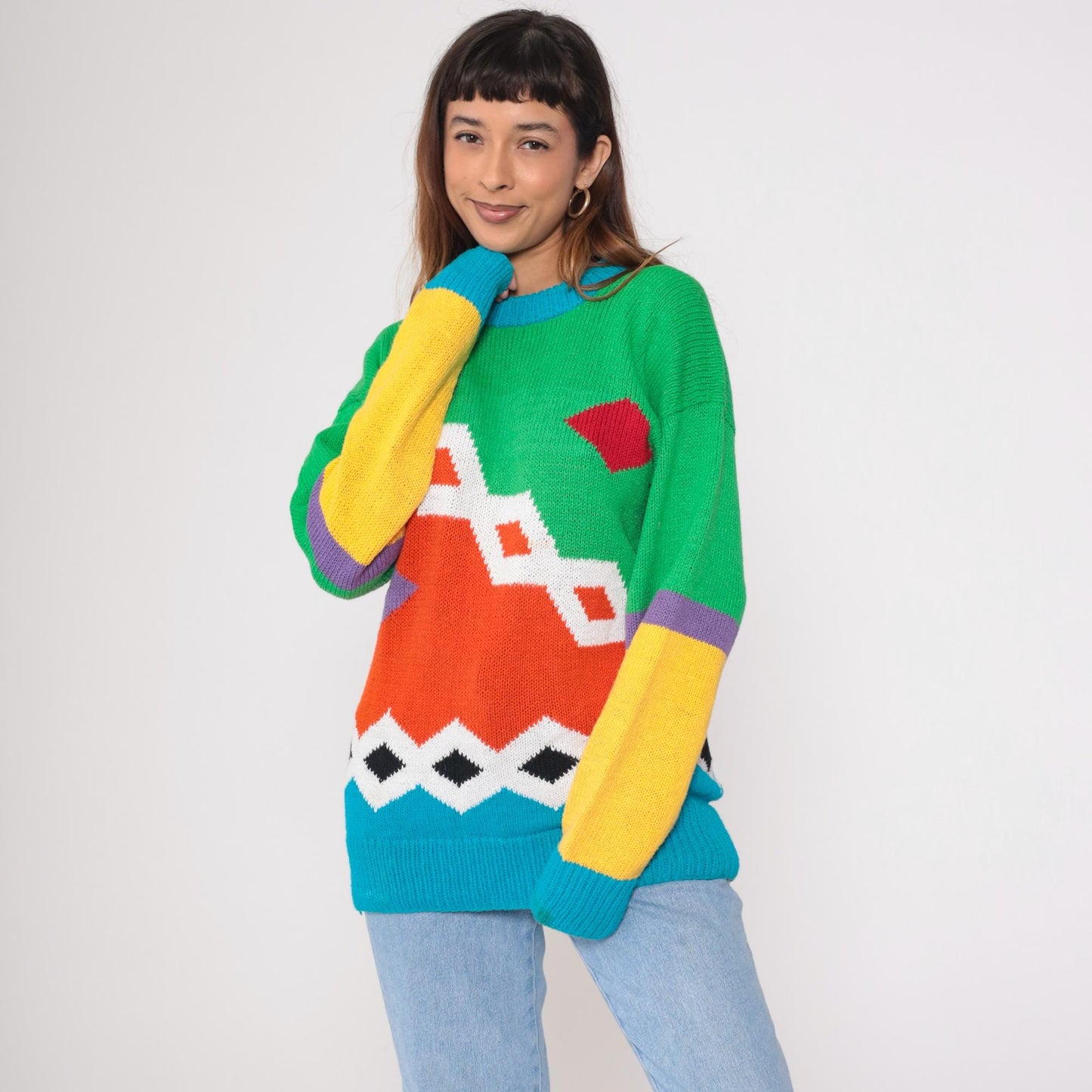 80s Geometric Color Block Knit Sweater Cotton Crewneck Orange Green Blue Large