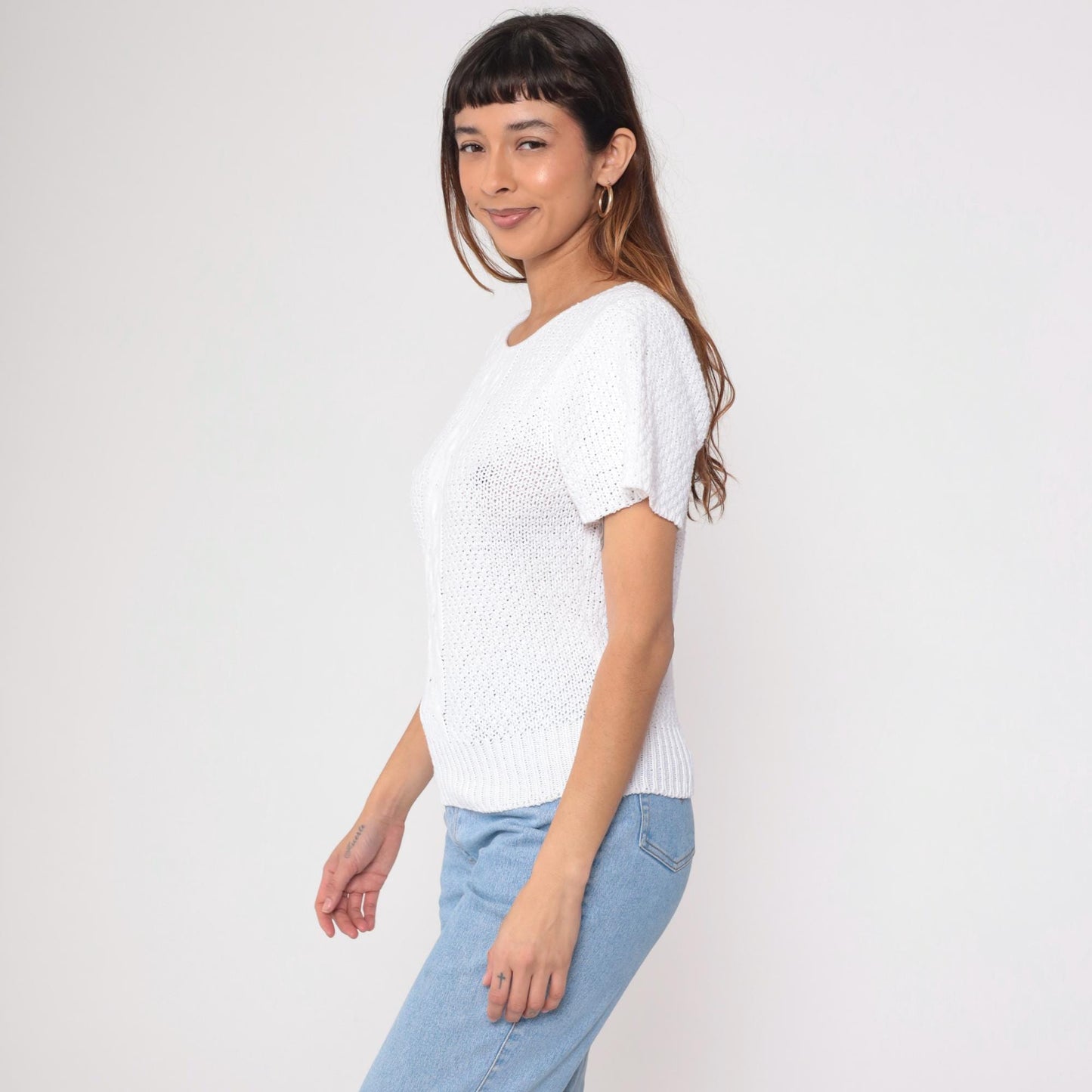 80s Yarn Spinners Cable Knit Sweater Top White Cotton Short Sleeve Extra Small