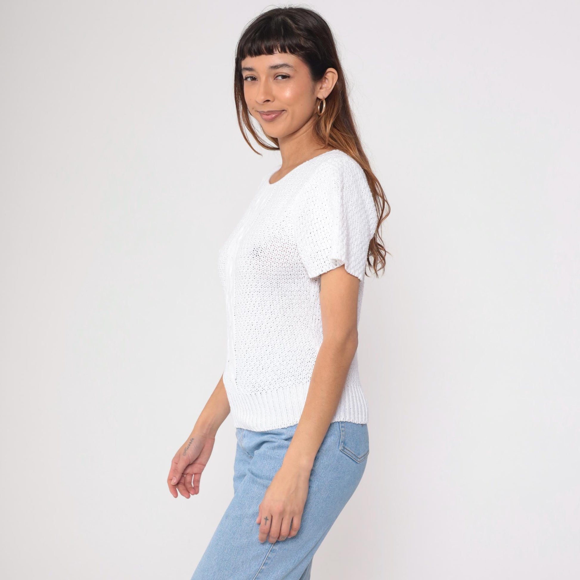 80s Yarn Spinners Cable Knit Sweater Top White Cotton Short Sleeve Extra Small