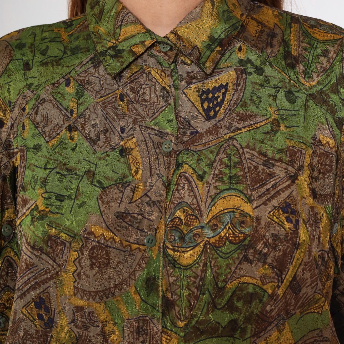 90s Geometric Button Up Shirt Brown Green Yellow Tropical Print Extra Large XL