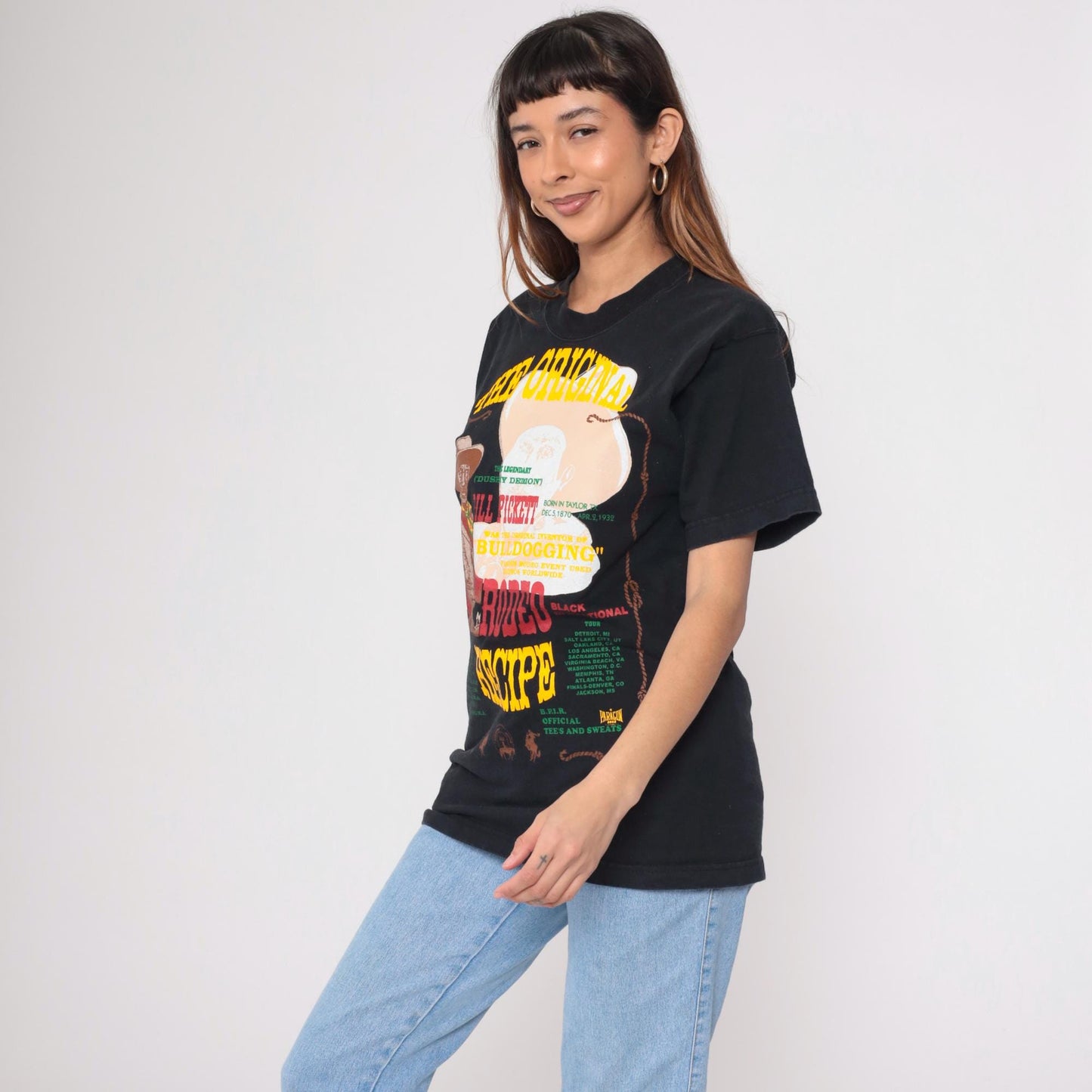 90s Bill Pickett Rodeo Recipe Graphic T-Shirt Black Cotton Medium
