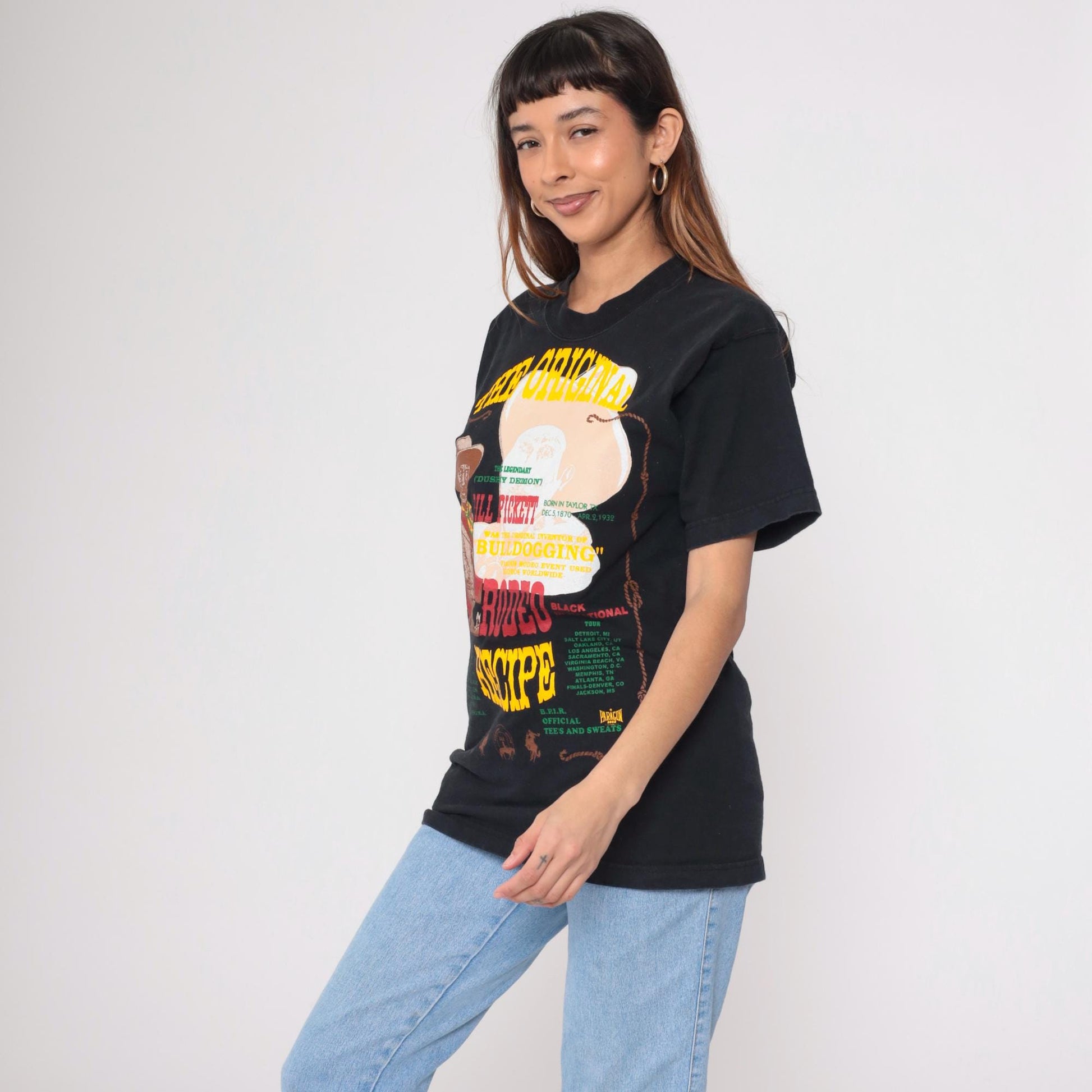 90s Bill Pickett Rodeo Recipe Graphic T-Shirt Black Cotton Medium