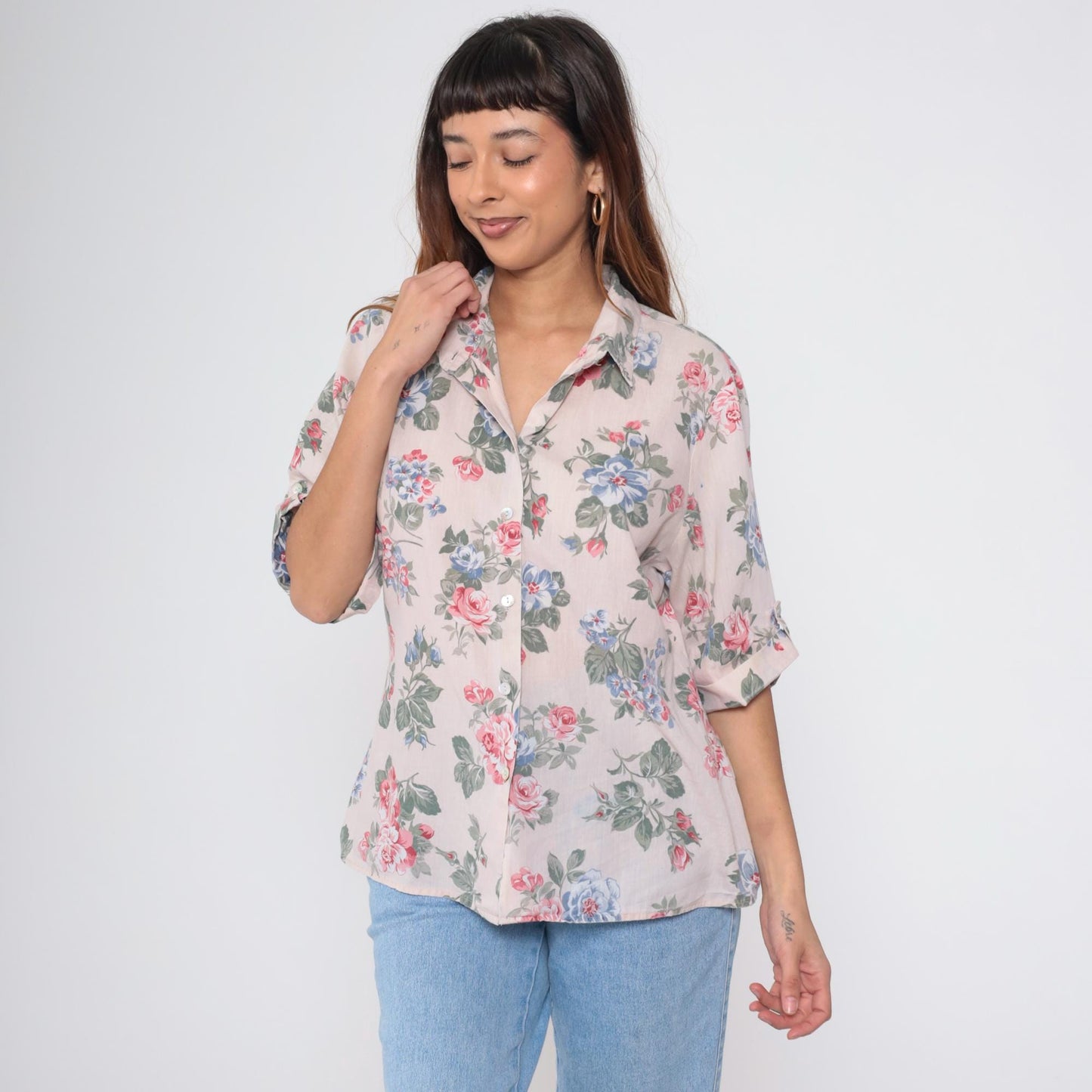 90s Beige Floral Button-Up Blouse Roll Tab Sleeve Flower Print Extra Large XL